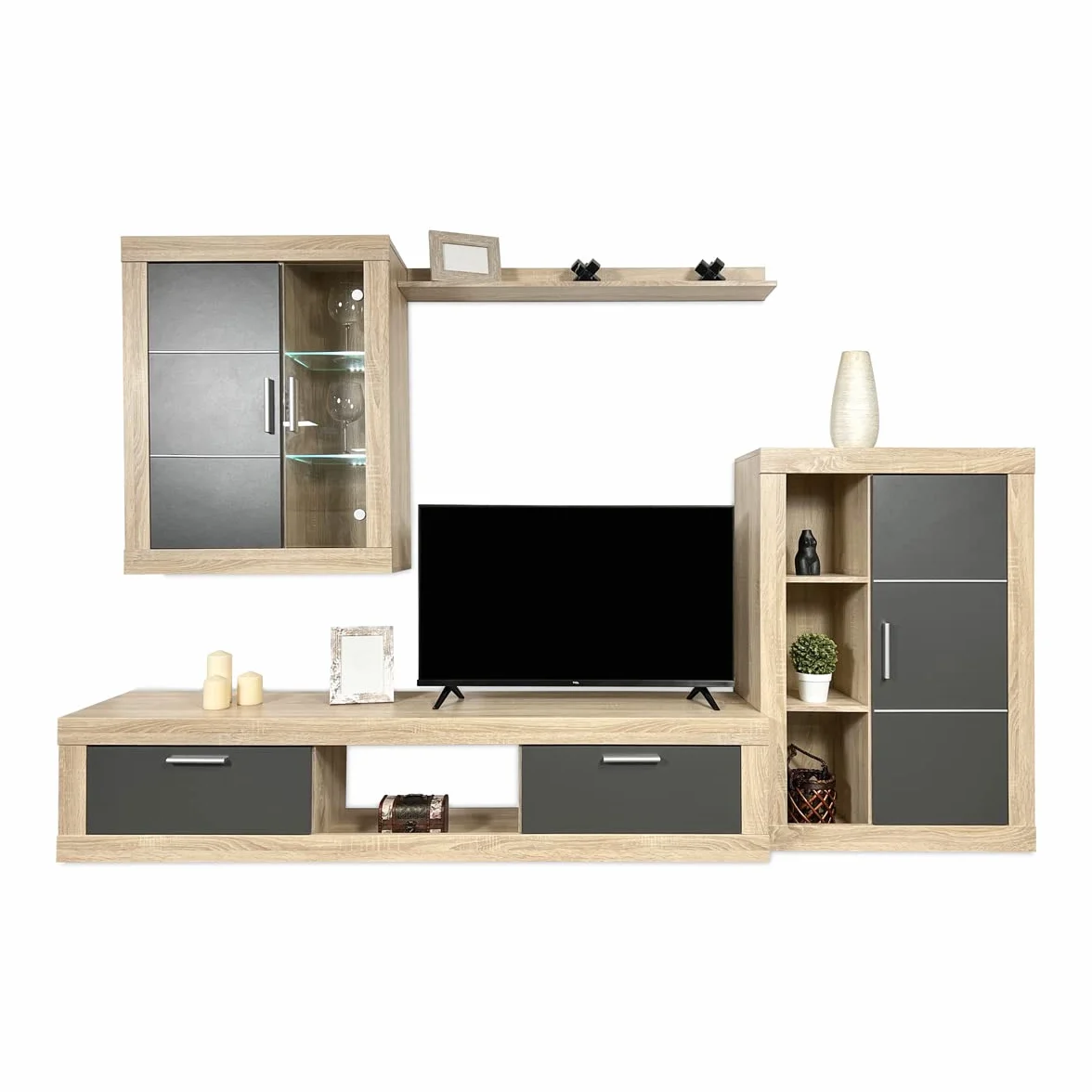 Homey - Mueble de Salón Moderno con Leds, Módulos de Comedor, Modelo Freim, Acabado en Cambria y Grafito, Medidas: 259 cm (Ancho) x 132,5 cm (Alto) 40 cm (Fondo)