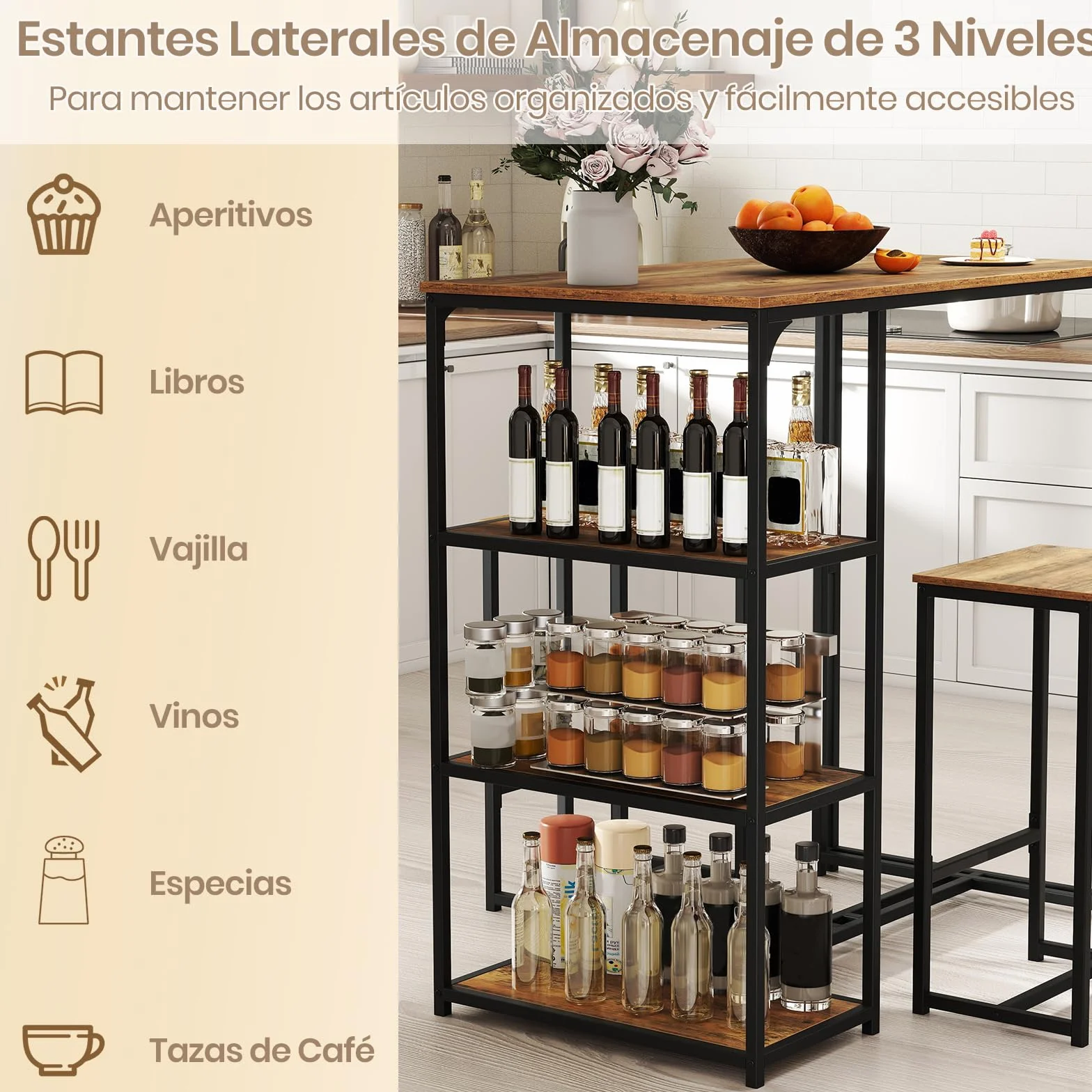 COSTWAY Juego de Mesa y Taburetes de Bar, 110x60x110 cm, Mesa Alta de Cocina con 2 Taburetes, 3 Estantes, Marco de Metal, Marrón