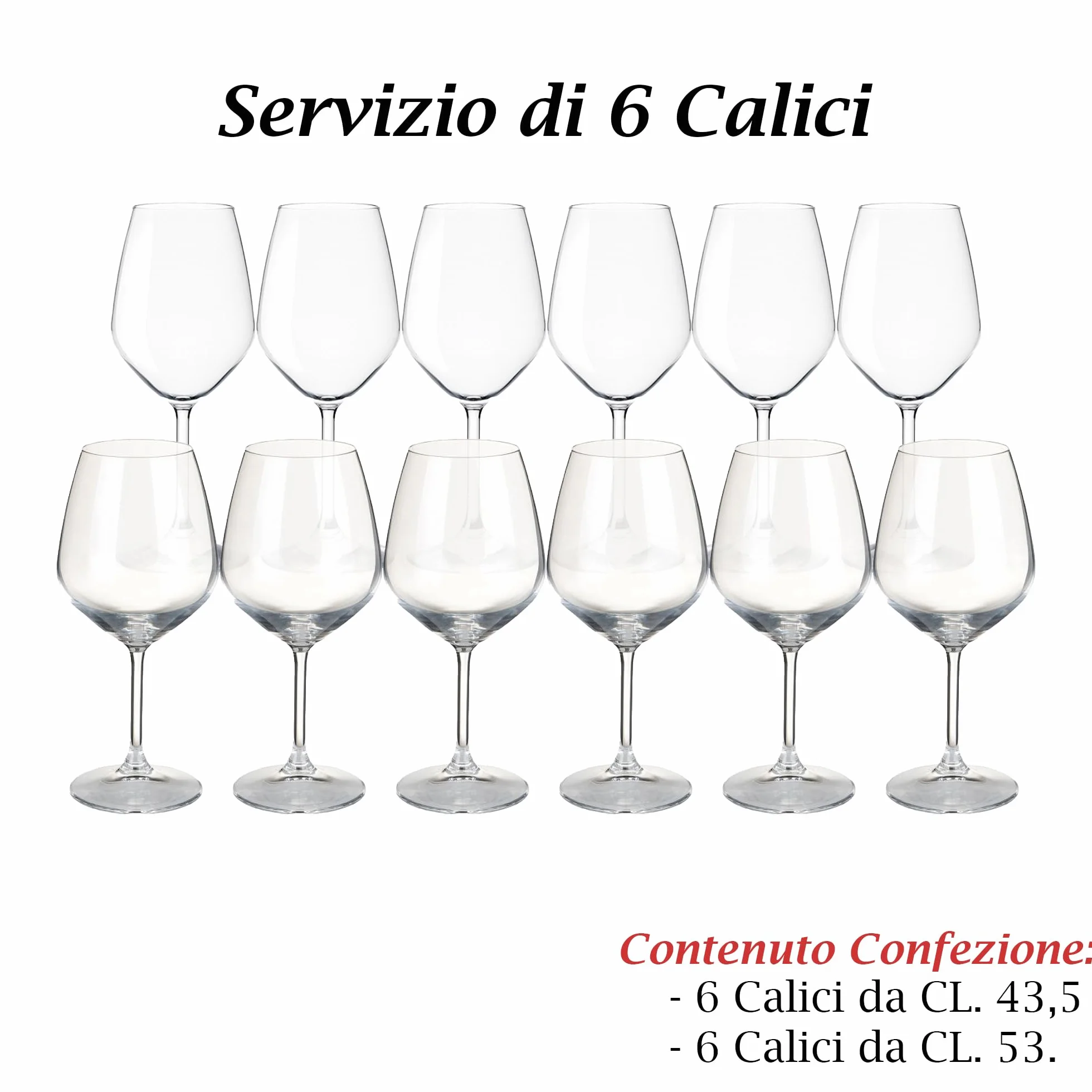 Sicignano | Juego de copas de vino tinto CL.53 + vino blanco 43,5 cl.43,5 Divino de cristal para 6 personas, transparentes, aptas para lavavajillas – regalo cubo champán negro 2 botellas, Made in