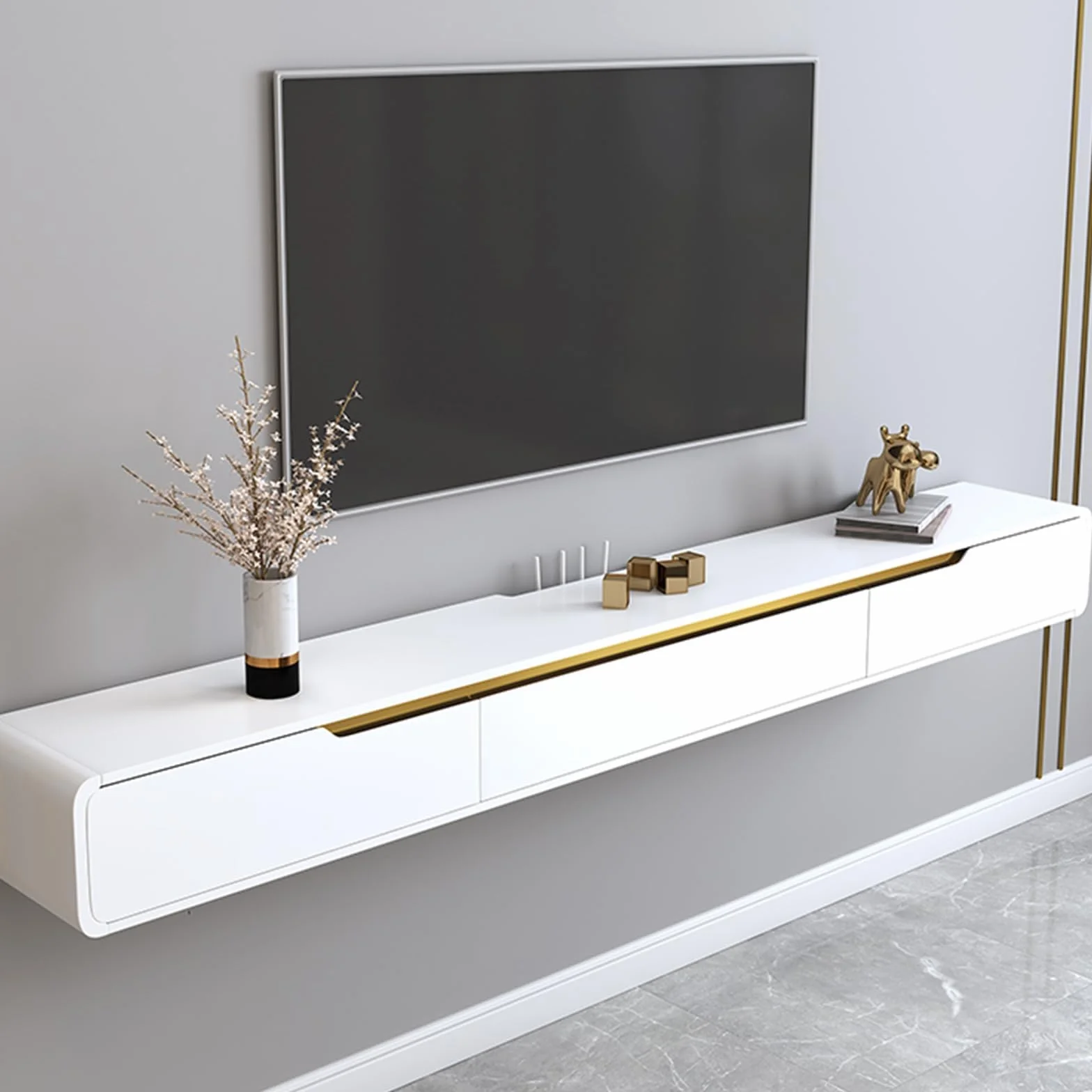 Madera Maciza Mueble TV Suspendido Moderna con 2 Cajones, Pintura en Aerosol Mate Mueble TV Flotante, no Requiere Montaje, Consola Multimedia para Sala de Estar (Blanco A, 140cm)
