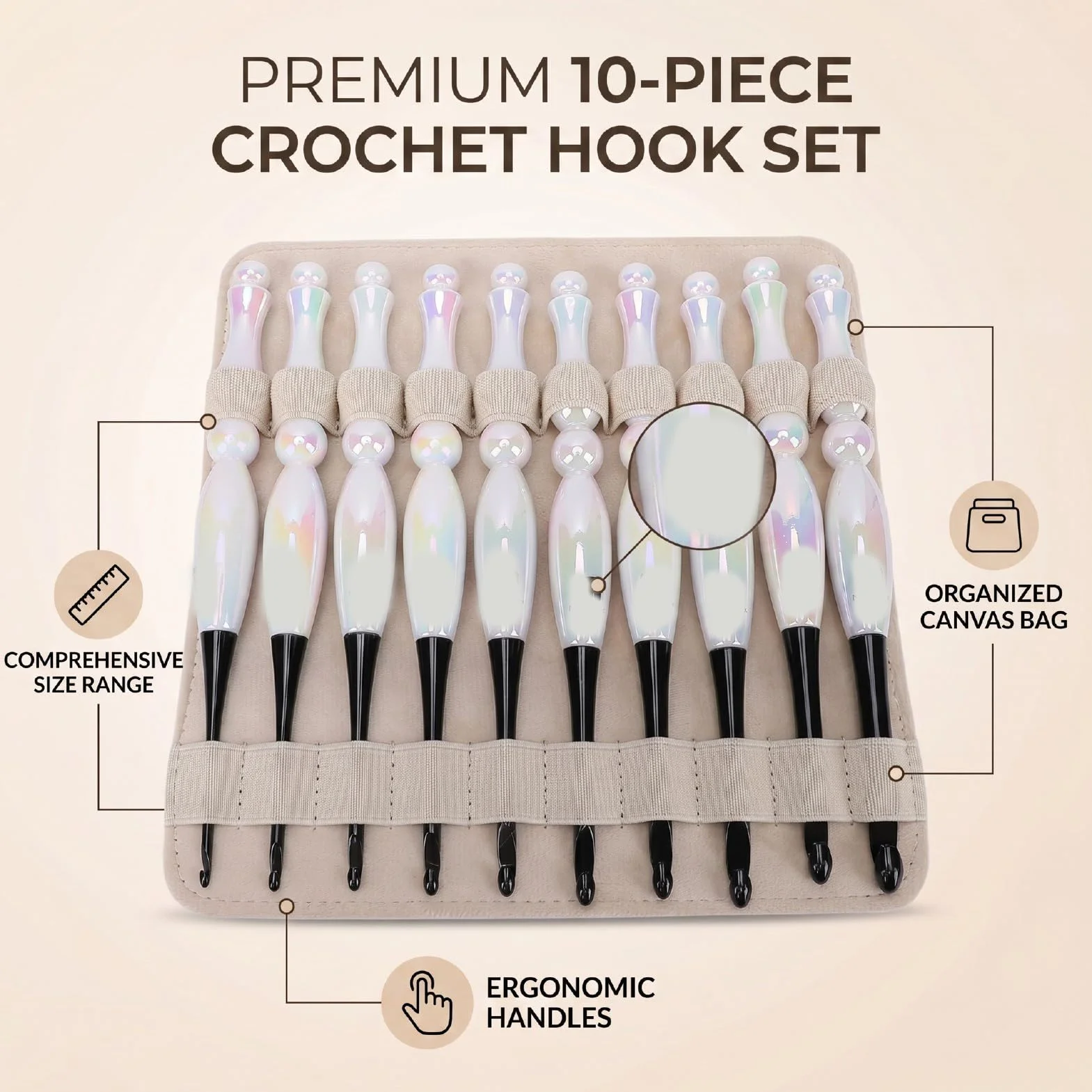 Zhjvihx Juego de 10 Agujas de Ganchillo, Ergonómico con Bolsa de Almacenamiento Beige, Ganchos Extra Largos para Tejer Decoración del Hogar, Kit Completo de Ganchillo para Principiantes