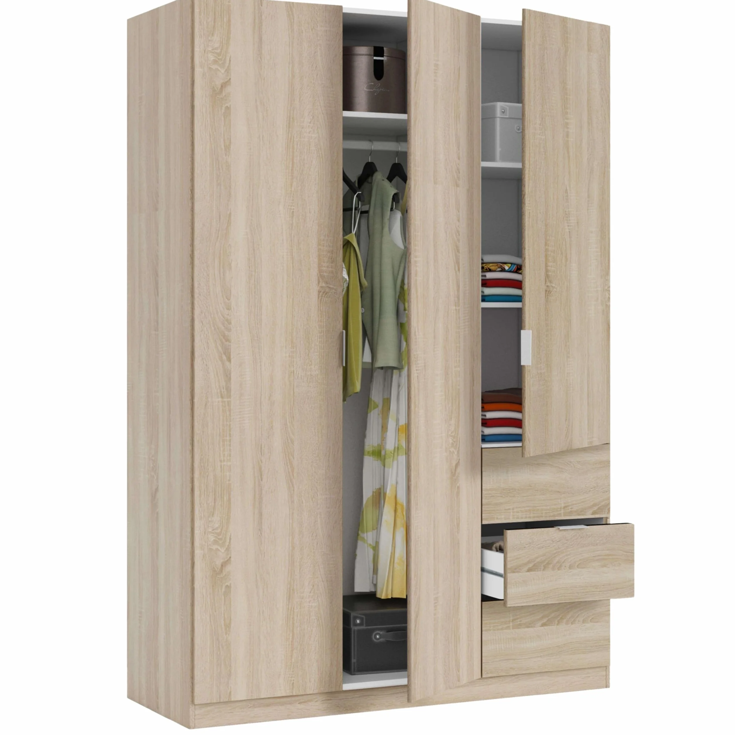 Habitdesign Armario Ropero 3 Puertas 3 Cajones, Armario Alto Dormitorio, 200x135x52 (AltoxAnchoxFondo - en cm), Color Roble Canadian