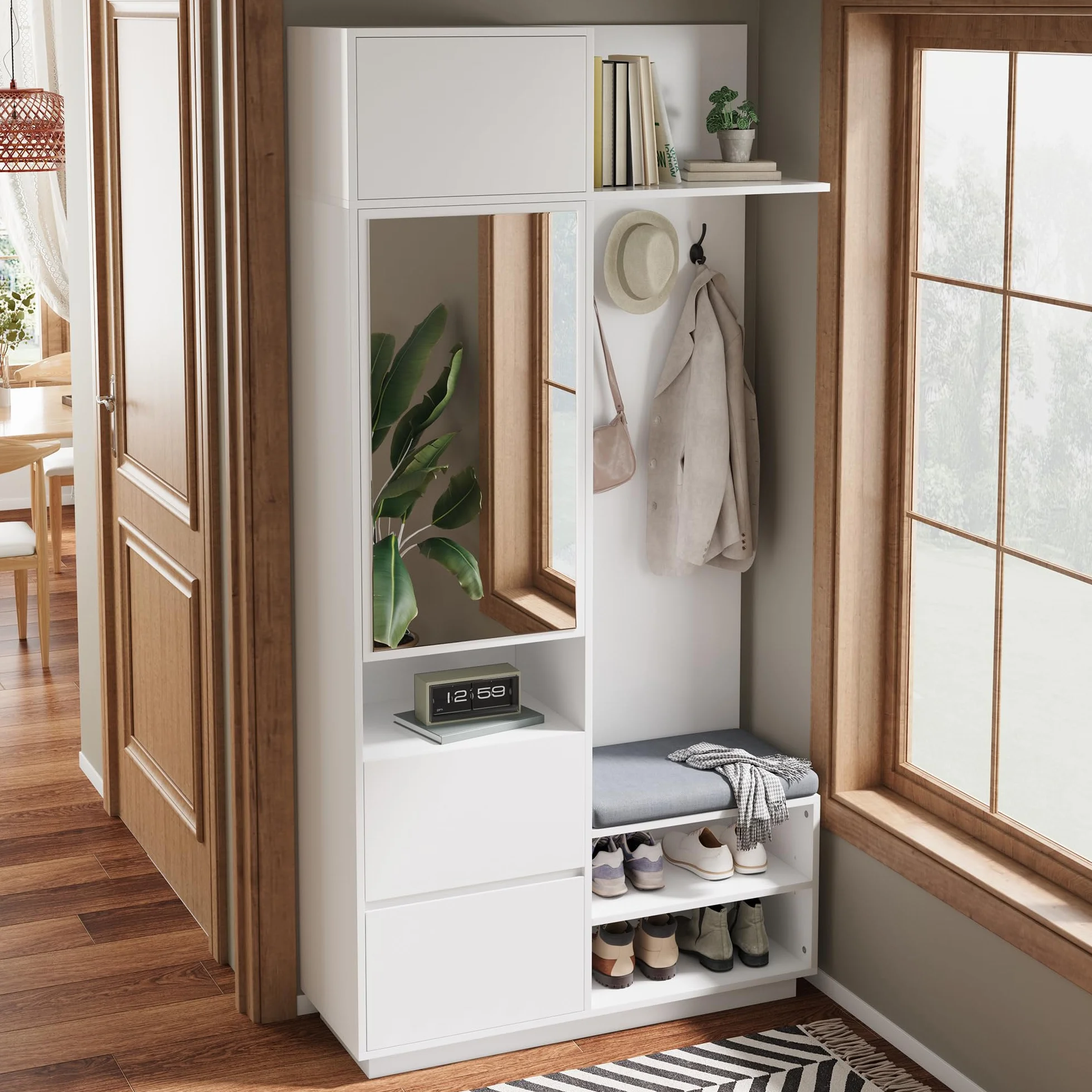 Perchero compacto con espejo, banco y zapatero, perchero de pasillo con gancho y estante, juego de muebles de pasillo que ahorra espacio para pasillo y entrada, 90 x 34,5 x 190 cm (blanco)