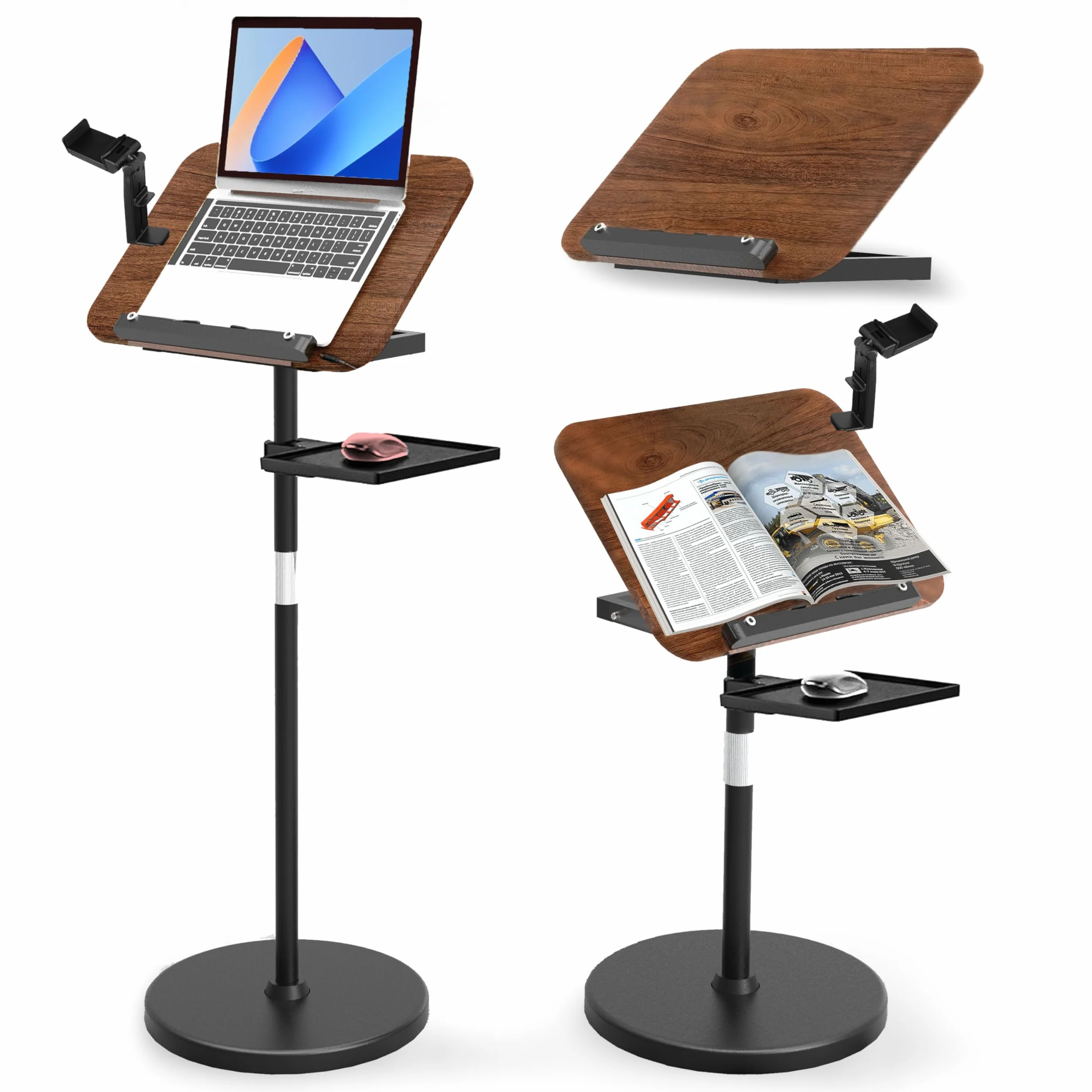 Atril ajustable 2 en 1 para lectura, doble uso, para escritorio y suelo, con bandeja y clips elásticos para partituras, recetas, tabletas y portátiles, altura ajustable de 23,5 a 52 pulgadas (Nogal)