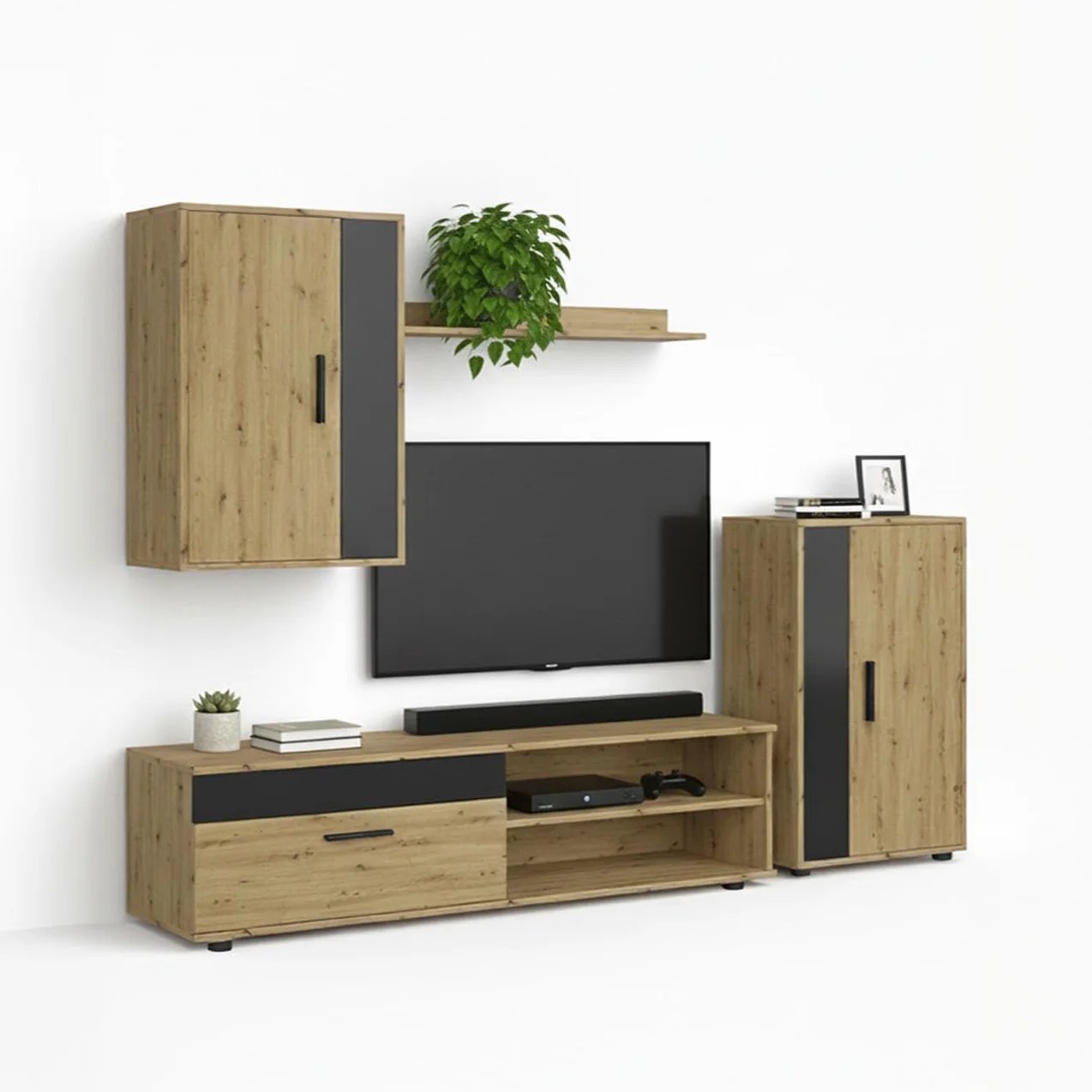 duehome | Mueble de Salón, Composición Modular de TV, Modelo: Lunet 190, Acabado en Alpino y Negro, Medidas: 140 cm (Largo) x 35 cm (Fondo) x 36,2 cm (Alto)