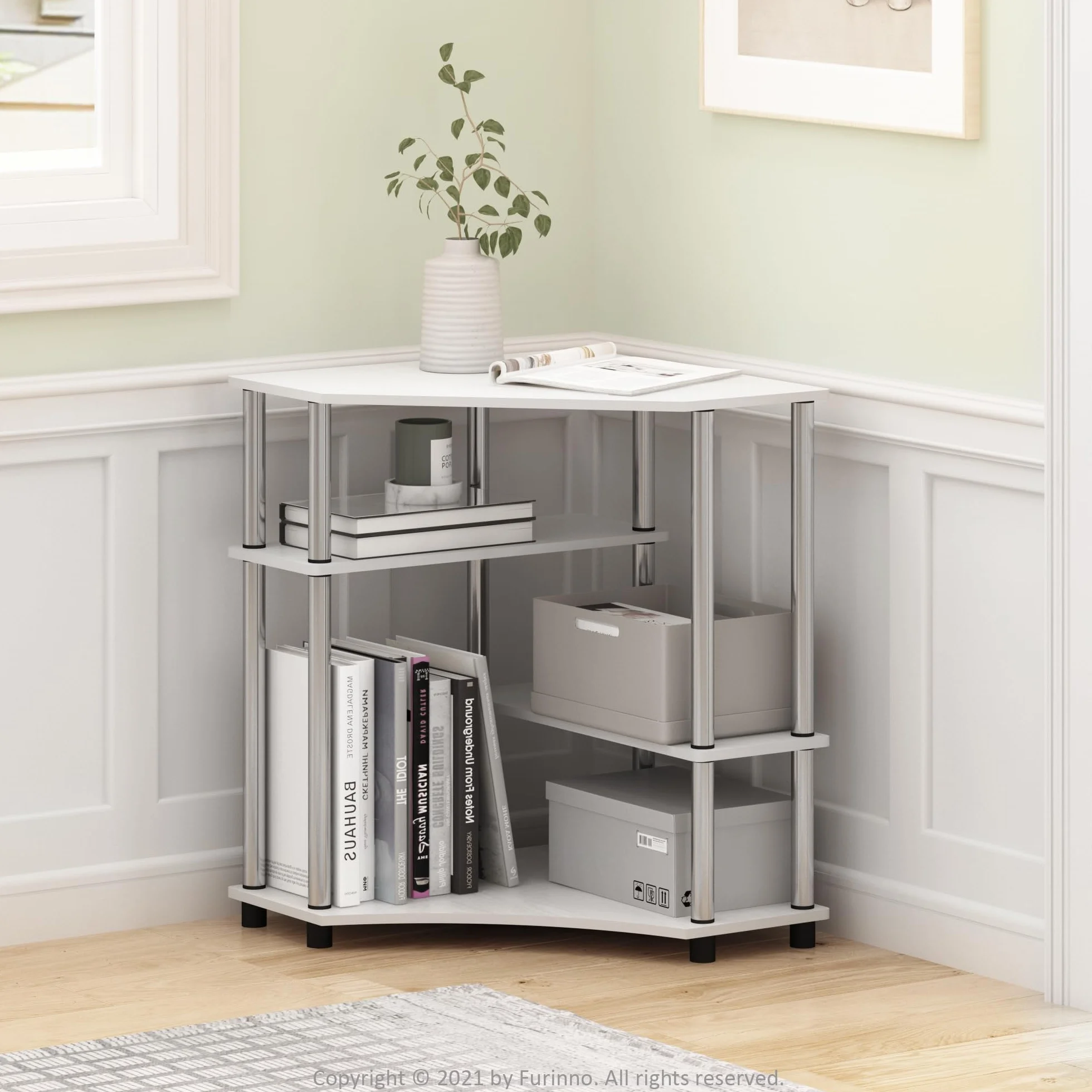 Furinno Turn-N-Tube Escritorio esquinero Que Ahorra Espacio con estantes, Engineered Wood, Roble Blanco/Acero Inoxidable, 79 (W) x 72.4 (H) x 57.2 (D) cm