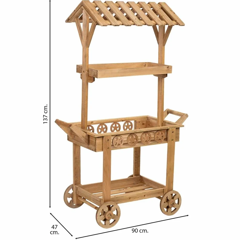 WANDERLUST DECO Carro expositor-estantería de madera con 3 bandejas 90x47x137h cm