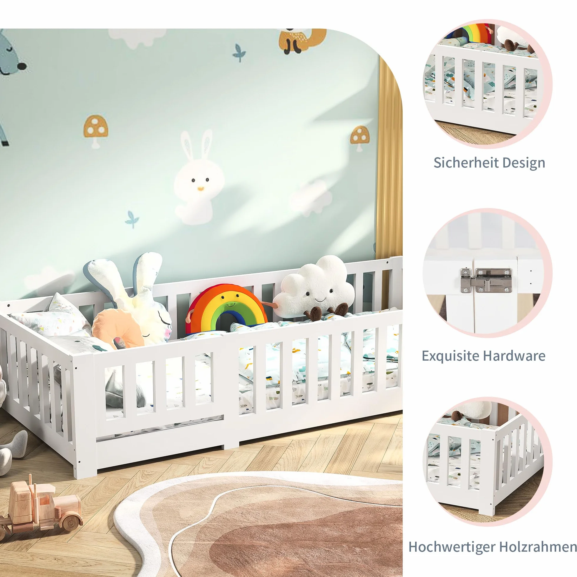 Cama de suelo para niños de 90 x 190 cm con valla y puerta, cama Montessori con protección anticaídas, cama juvenil individual con somier, cama infantil para niños y niñas, blanco (90 x 190 cm