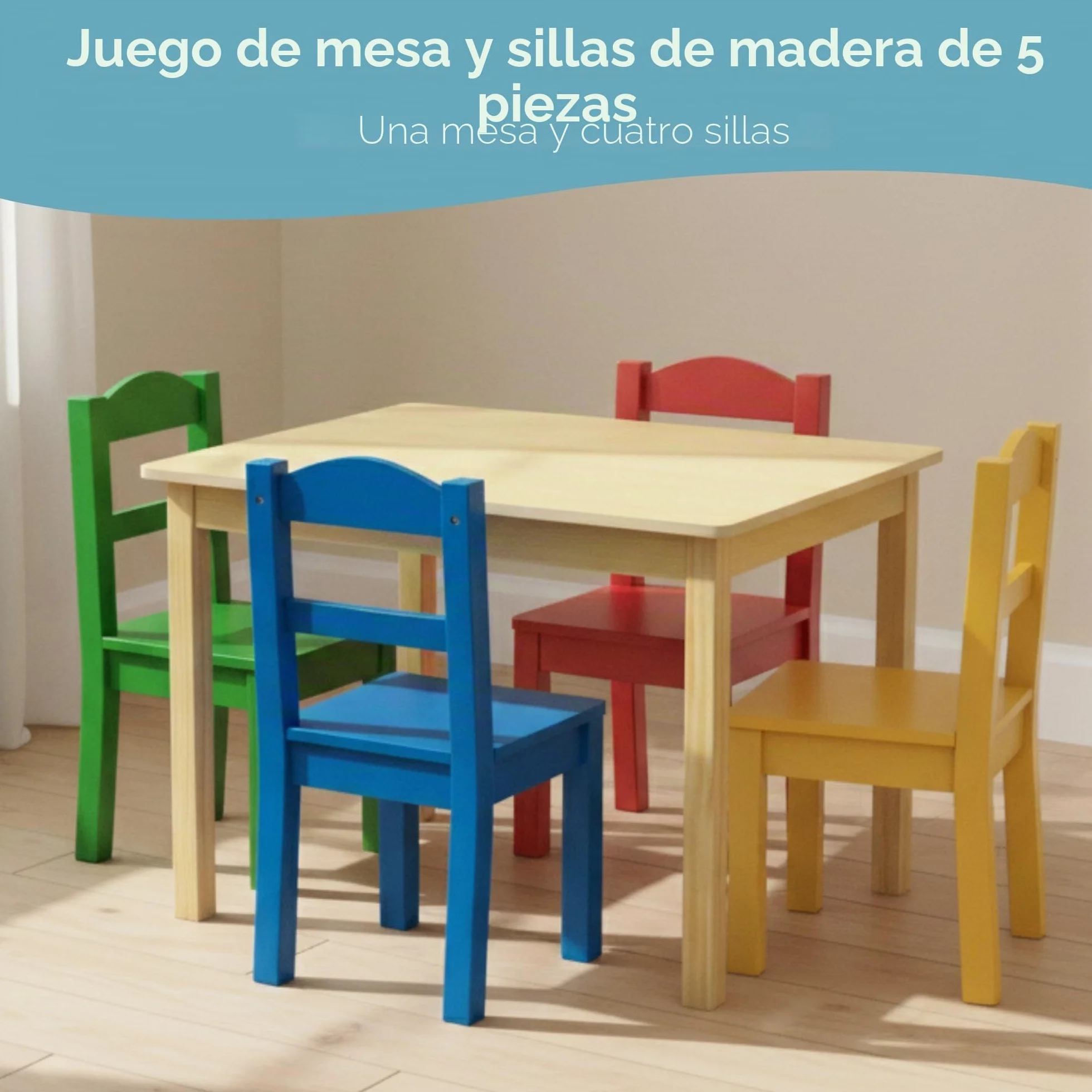 Humble Crew Juego Mesa Cuadrada Madera y 4 sillas: Natural/Colores primarios, diseño Alegre, Seguro para niños, fomenta Juego, Montaje fácil