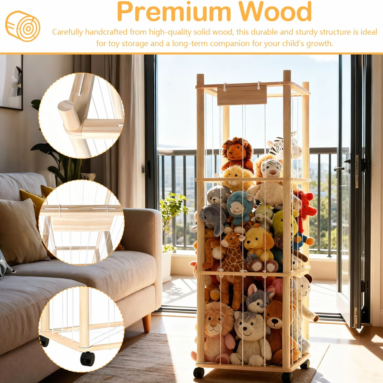 Organizador de Peluches de Madera con Ruedas 360° y Frenos Almacenamiento Juguetes Infantil