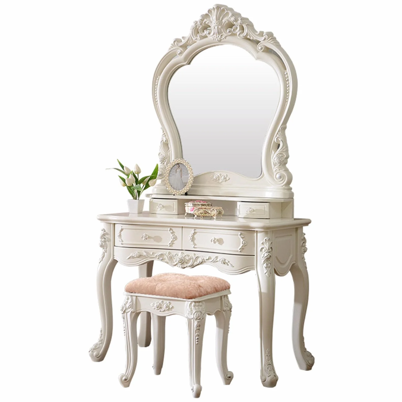Juego de tocador y mesa de estilo europeo, taburete tapizado, mesa de maquillaje con 4 cajones, muebles de dormitorio para niñas, regalo elegante para mujeres