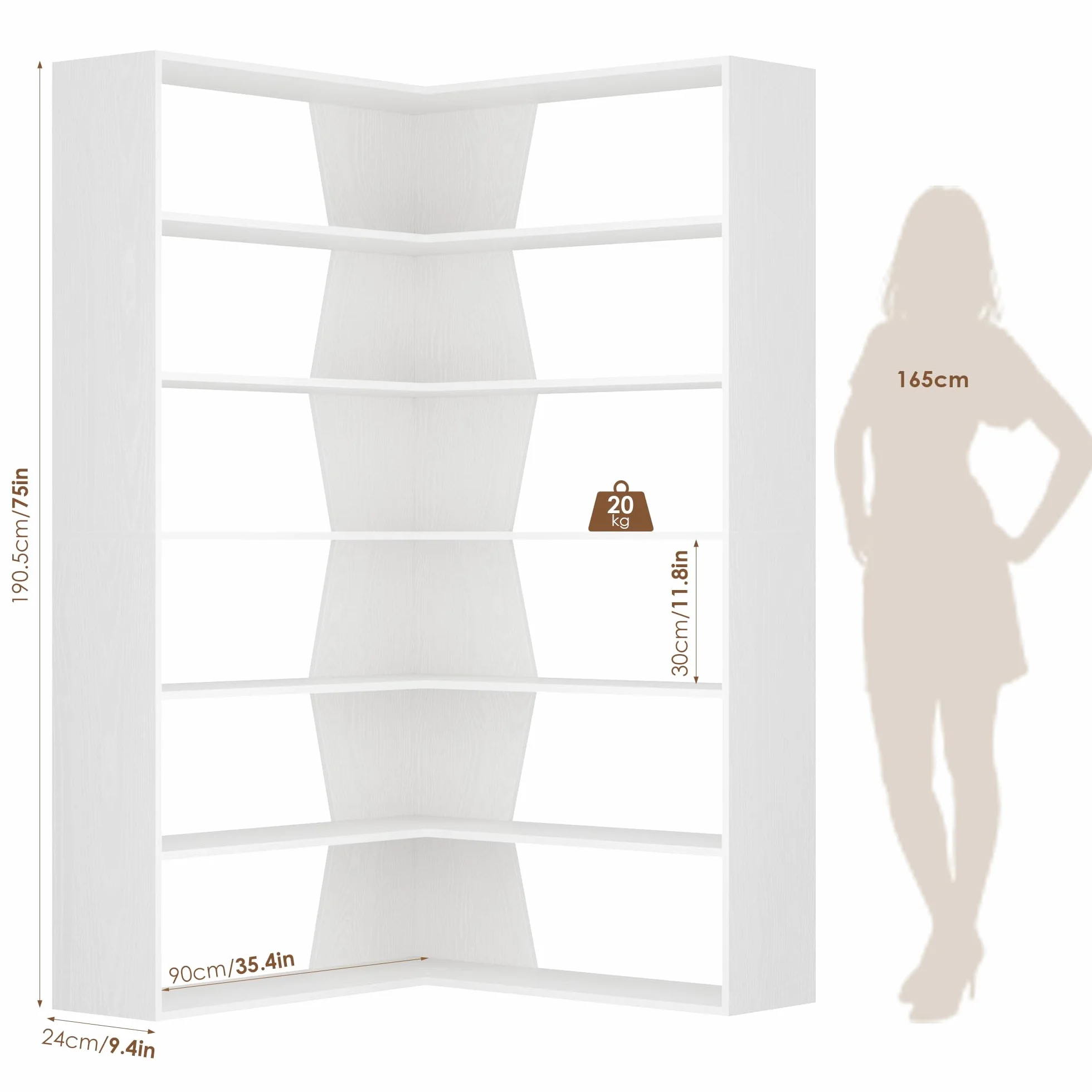 FirFurd 190.5cm Estantería Esquina 6 Niveles, Estantería Libros, Librería Salón, Estanterías Almacenaje Madera, Libreria Estanteria, con 12 Compartimentos, para Salón, Oficina, Estudio (Blanco)
