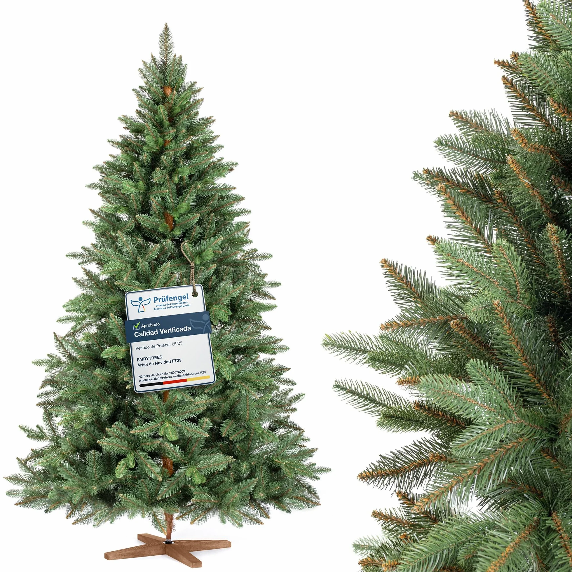 FAIRYTREES Árbol de Navidad, Nordmann Premium 180cm, Hecho en la UE, Árbol Artificial Navideño, Árbol de Navidad con Mezcla de Dos Materiales, Árbol con Soporte de Madera de