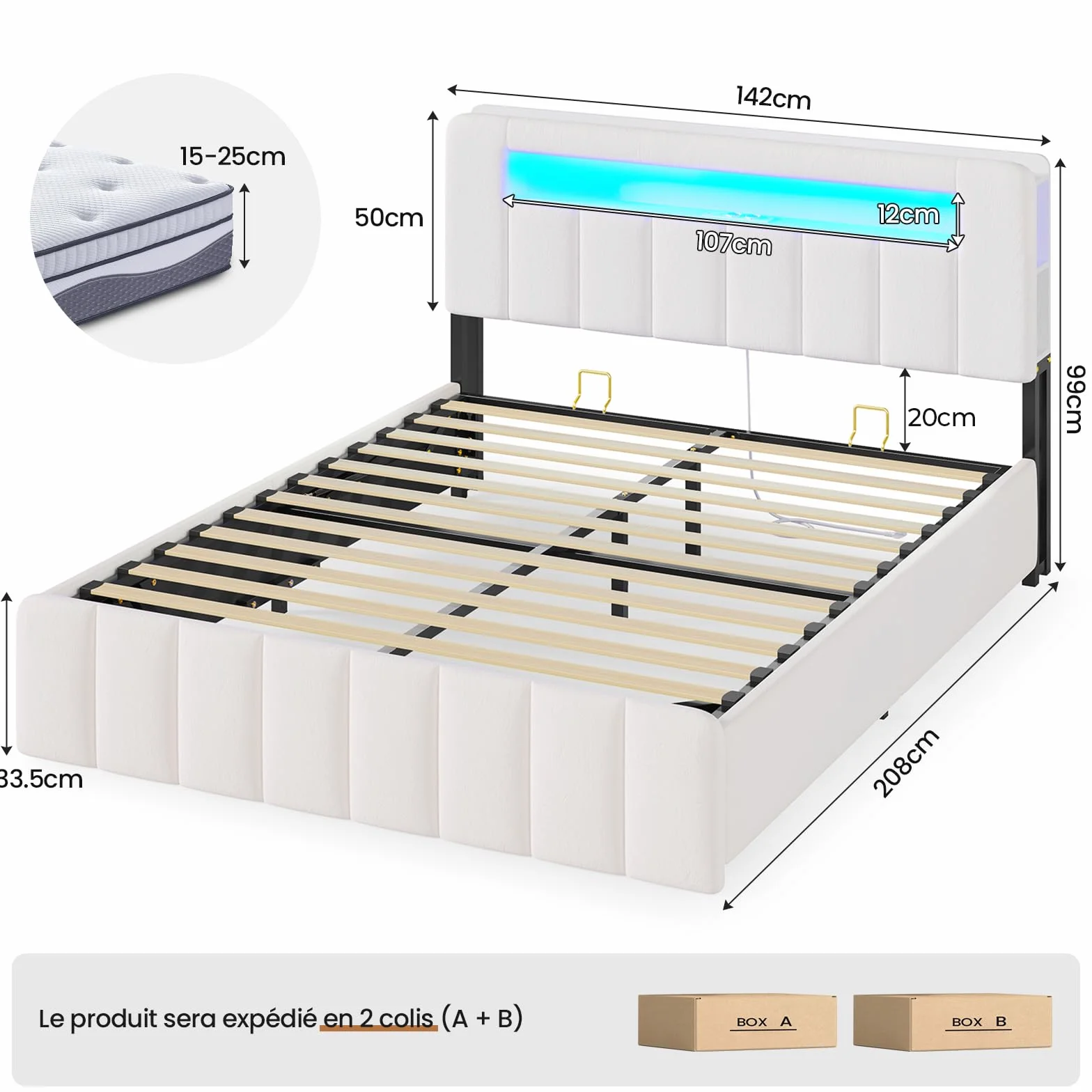 AOGLLATI Cama Matrimonial 140x190 con Almacenamiento Hidráulico Cama Juvenil con Cabecero Cama Multifuncional Cama Canape 140x190 con LED y Carga Integrada Estantería Lateral Cama Terciopelo Beige