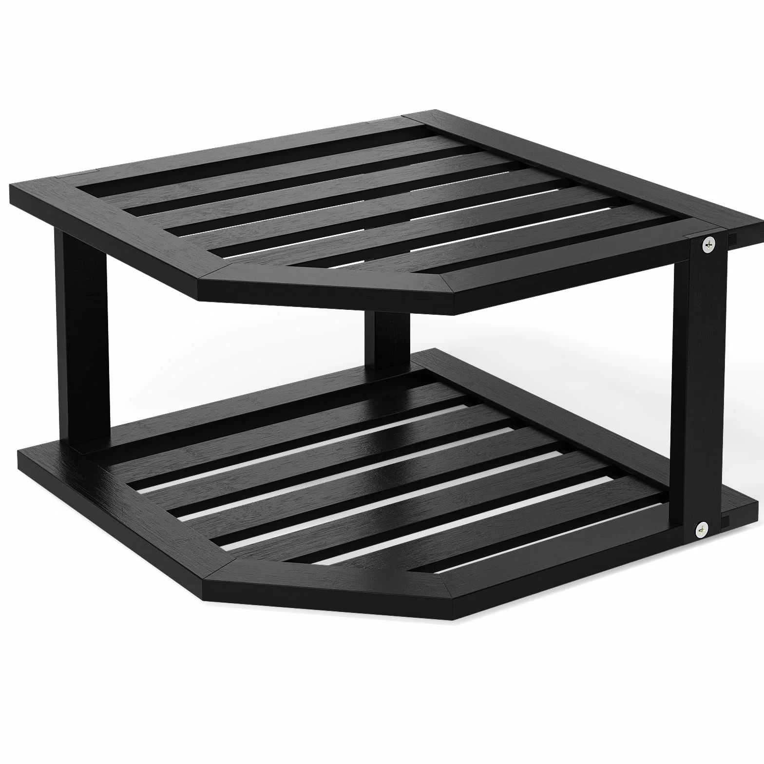 VERTORGAN Estante esquinero de 2 niveles, organizador de platos para gabinete, organizador de estantes de esquina de bambú, adecuado para organización y almacenamiento de despensa (color negro)