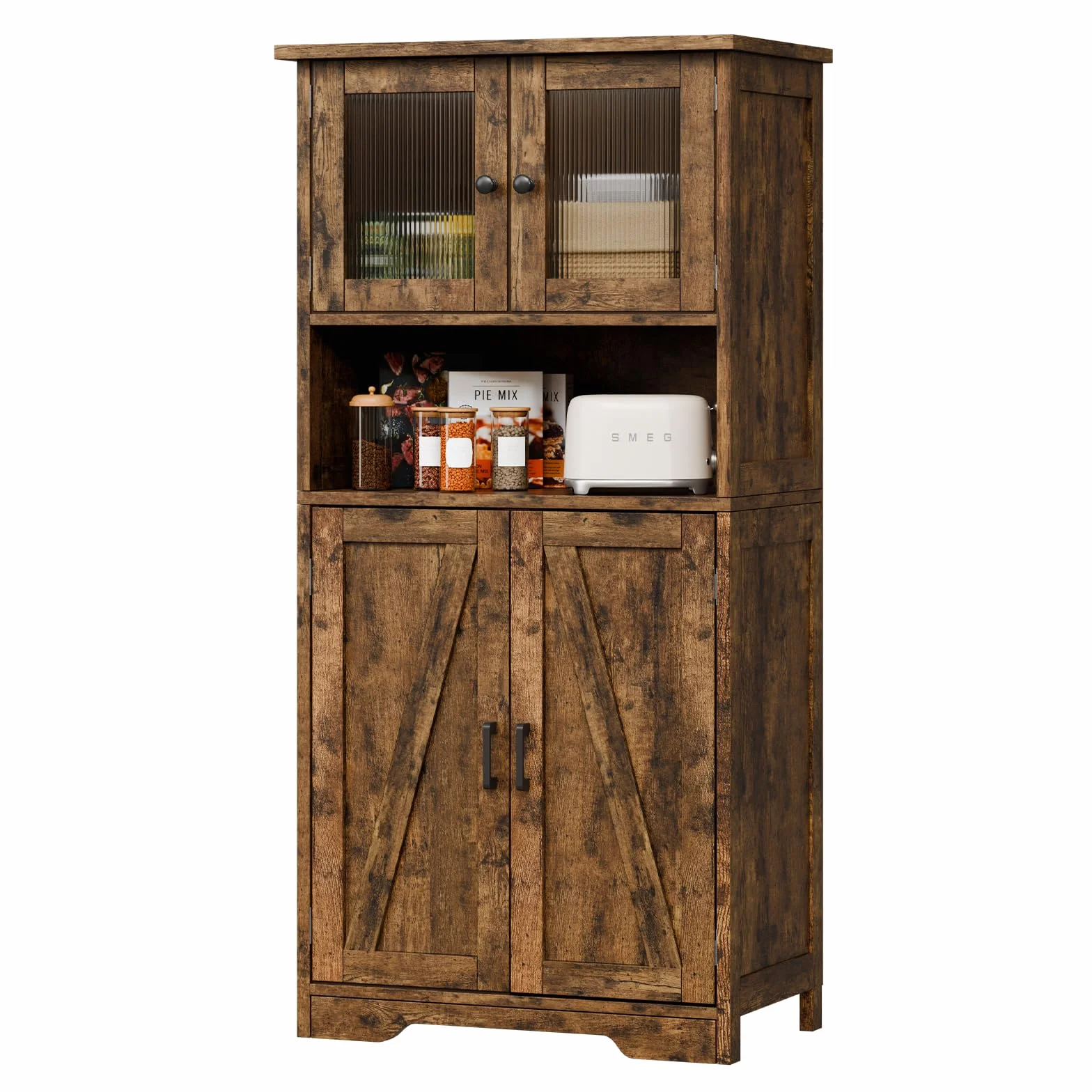 Zstar 50.4" Gabinete De Almacenamiento Grande De MDF con 4 Puertas y 1 Compartimento Abierto, 2 Puertas De Vidrio, Estantes Ajustables para Cocina, Dormitorio, Sala o Pasillos, Marrón.