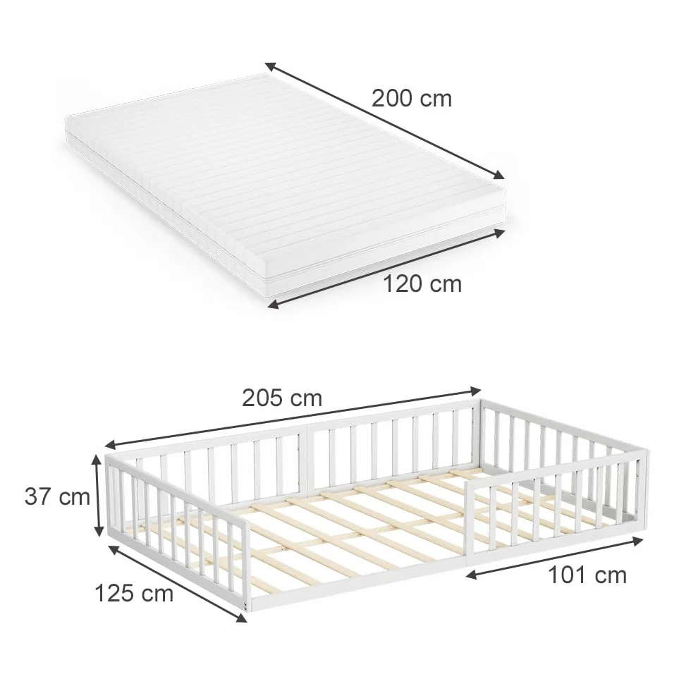 VitaliSpa Cama Baja Minno 120x200 cm, Cama Infantil Montessori de Metal con Barrera de Seguridad y colchón, Blanco