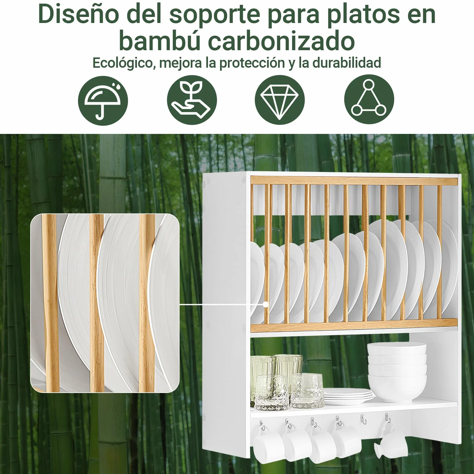 SoBuy Escurreplatos Blanco de Pared para 11 platos, 7 ganchos, 64x71x24cm | Soporte para Platos con estante adicional, seca vajilla & ahorra espacio, carga 10 kg, MDF/madera, cocina & comedor, KCR09-W