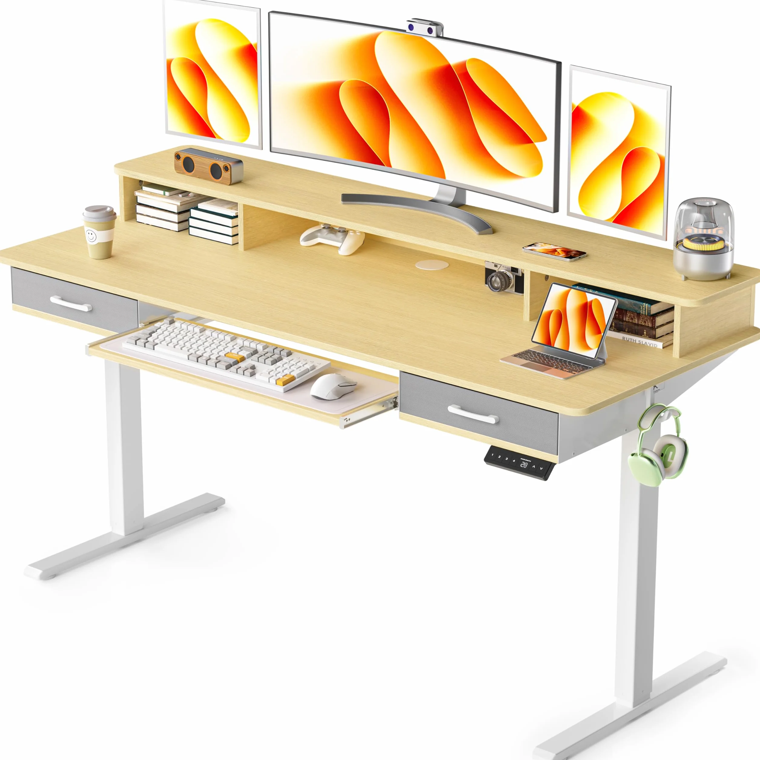 WALKINGDESK Escritorio Elevable Eléctrico con Bandeja para Teclado, 160 x 60 cm Escritorio Regulable en Altura, Mesa Elevable con Soporte Monitor, Mesa Ergonómico de Bipedestación, Roble