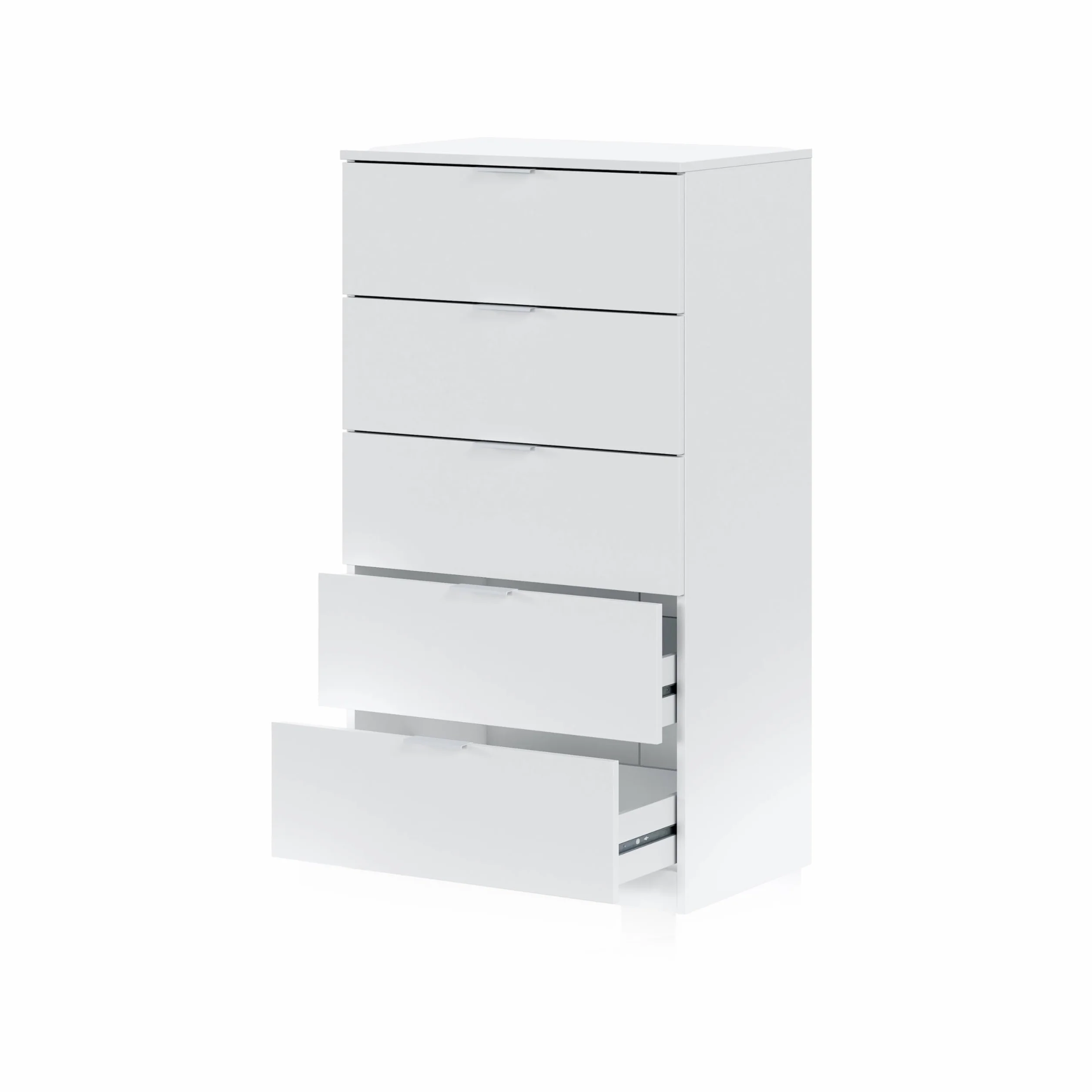 duehome | Comoda de 5 Cajones para Dormitorio, Modelo Akari, Acabado en Blanco Artik, Medidas: 60 cm (Largo) x 110 cm (Alto) x 40 cm (Fondo)