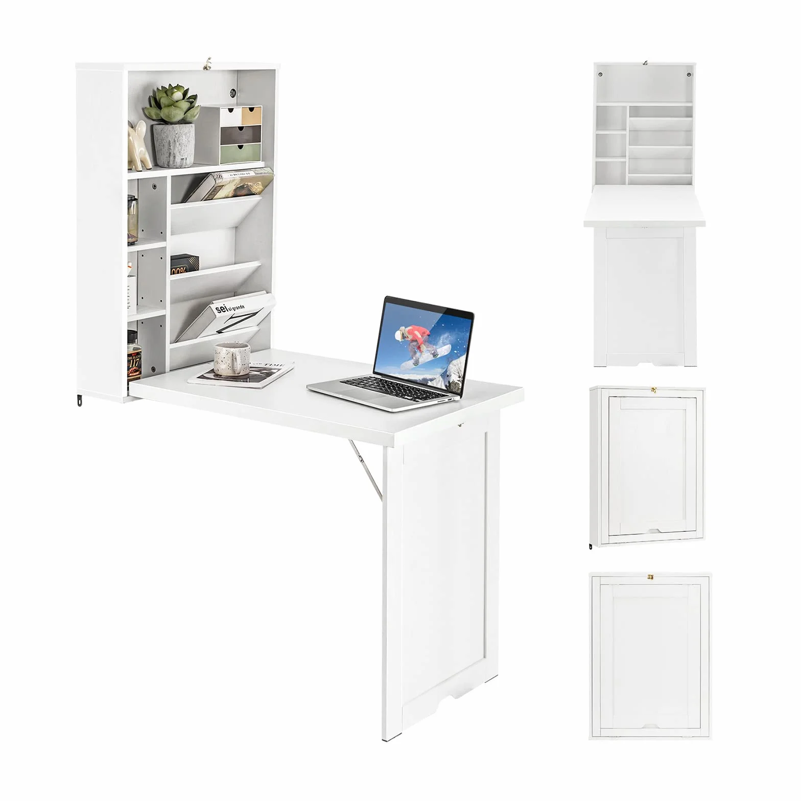COSTWAY Escritorio Plegable de Pared, Estantes Ajustables, Mesa Plegable Pared para Ordenadores Portátiles Que Ahorra Espacio, Mesa Plegable de Comedor 60 x 94,5X 151cm