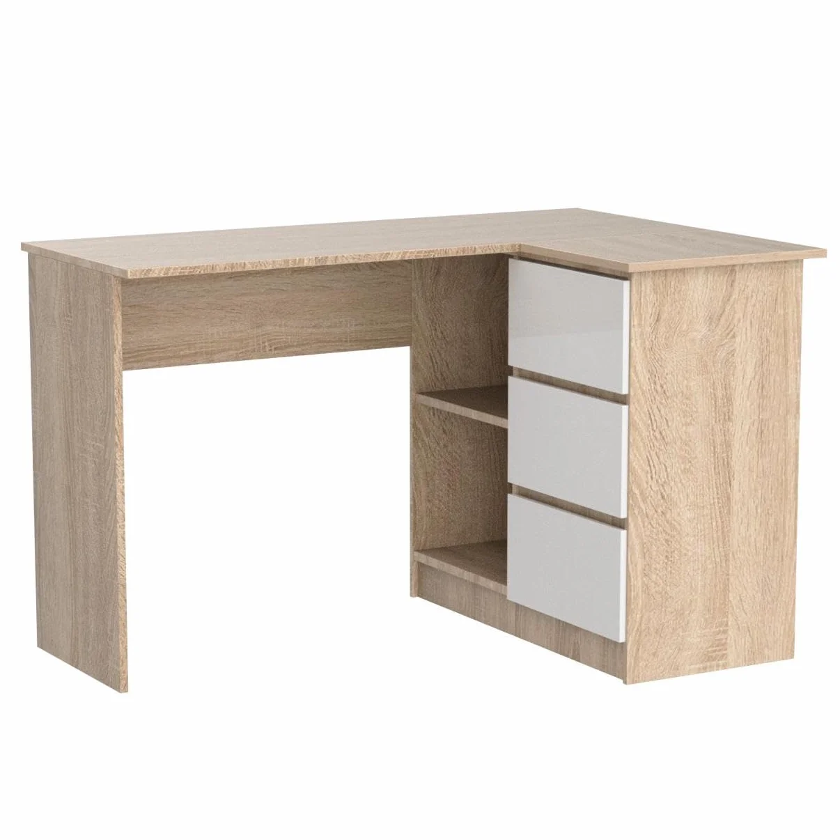 Escritorio esquinero AKORD B16 Roble Sonoma 124 cm con lado derecho 3 cajones frente en color Blanco 2 estantes 124x85x77 cm