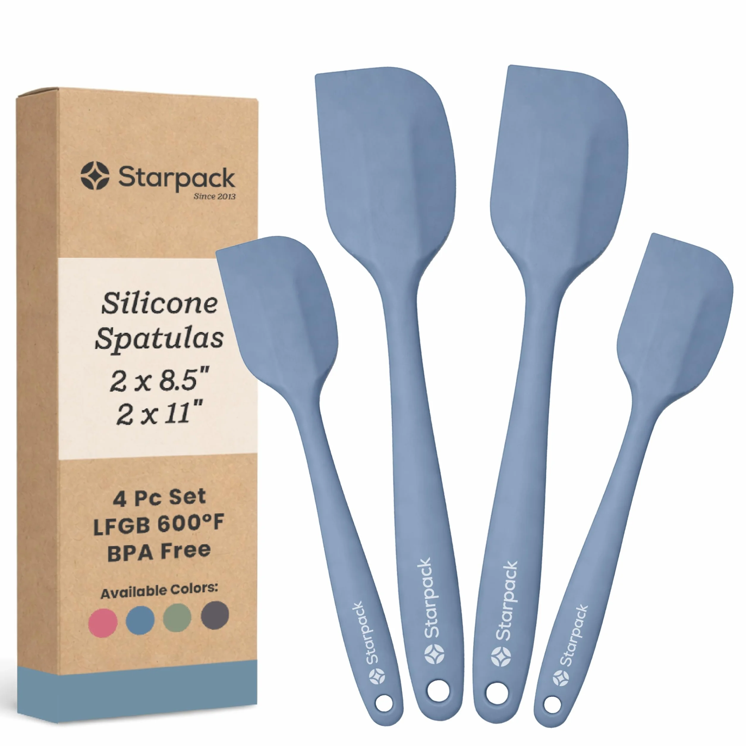 StarPack - Juego de 4 espátulas de silicona de alta calidad (2 pequeñas, 2 grandes), resistentes al calor hasta 315.6 °C, diseño higiénico de una pieza, juego de utensilios de cocina de goma