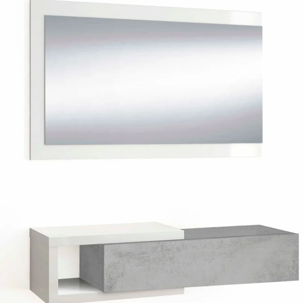 Mobelcenter - Recibidor con Espejo y Cajón - Mueble de Entrada Estilo Moderno - Mueble de Recibidor Color Blanco Artik y Cemento - Medidas: Ancho: 95 cm x Fondo: 26 cm x Alto: 19 cm - (1263)