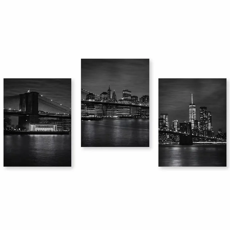 Póster de paisaje nocturno de ciudad en blanco y negro con puente, lámina decorativa para pared, decoración del hogar para dormitorio y sala de estar (80x120cm/31x47in) x3 Sin marco