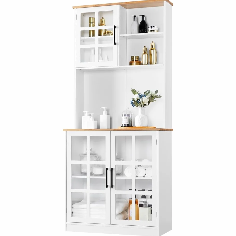 Yaheetech Alacena de Cocina Mueble Buffet Armario con Puertas de Vidrio, Estantes Ajustables 80 x 37 x 183 cm