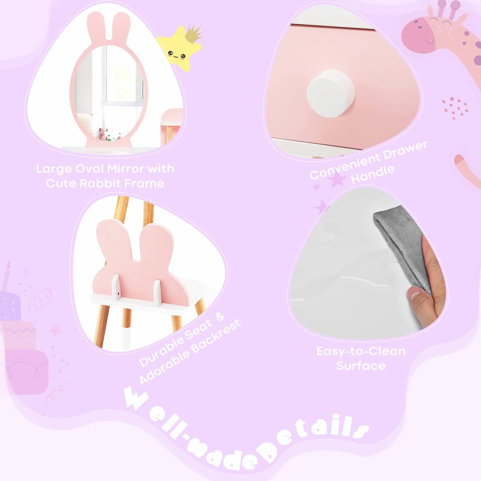 LIFEZEAL Tocador Infantil para niñas 3+, Juego de tocador con Taburete, Mesa de Maquillaje con Espejo en Forma de Conejo, Mesa Escritorio de Madera con 2 cajones y Estante（Rosa）