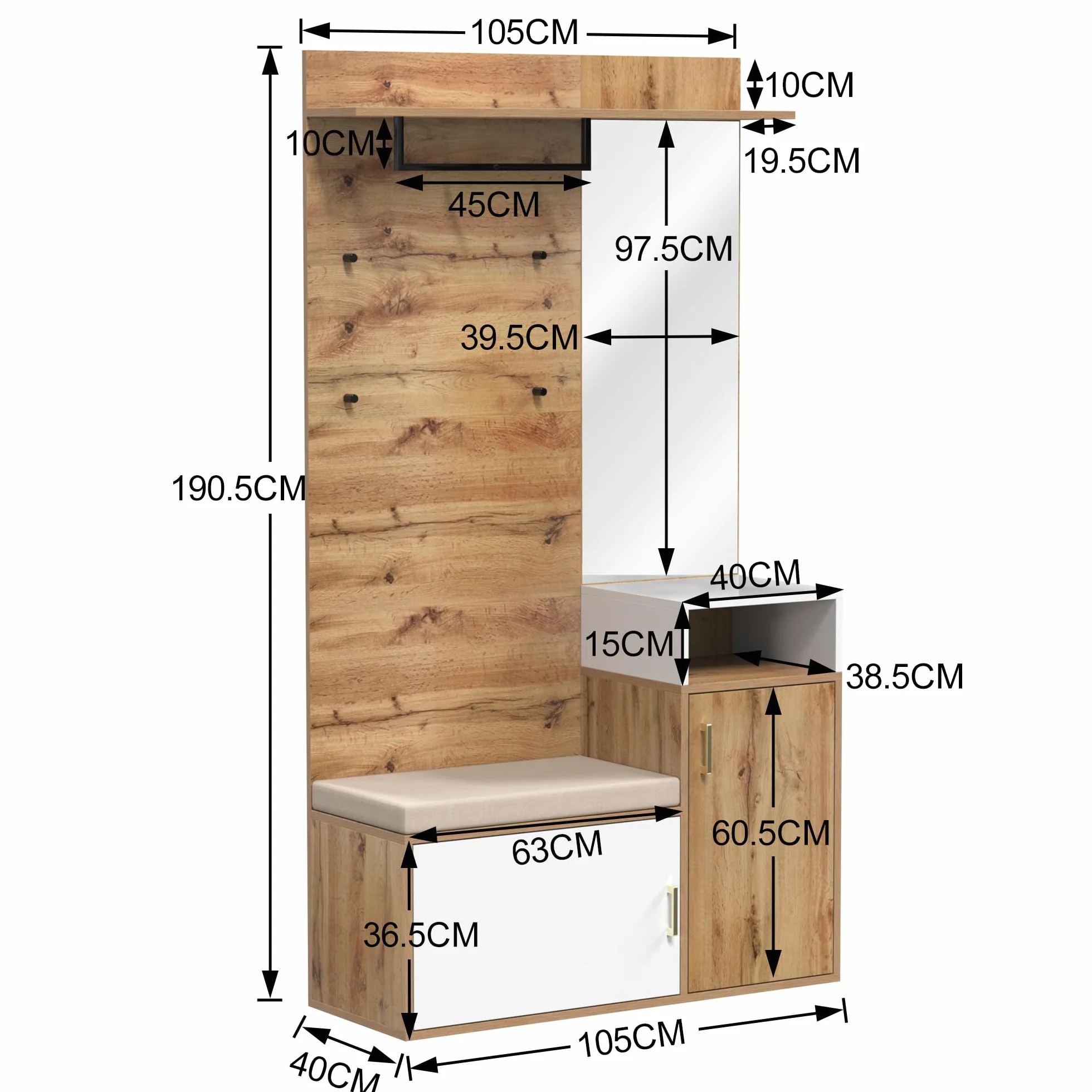 LAKFEW Juego de Perchero con Espejo, Perchero Zapatero con 4 Ganchos y 2 Puertas, Conjunto de Percheros Mueble Recibidor Entrada con Estante de Almacenamiento, 105x40x190.5 cm, Color Madera+Blanco