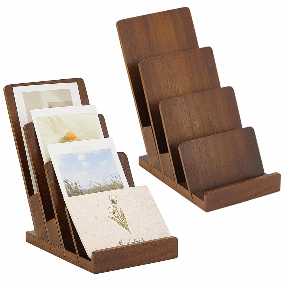 2 soportes de madera de 4 niveles para folletos de 11,5 x 16,7 x 19,6 cm, color marrón, soporte de exhibición de folletos y estante para tarjetas de felicitación para encimera de oficina y restaurante