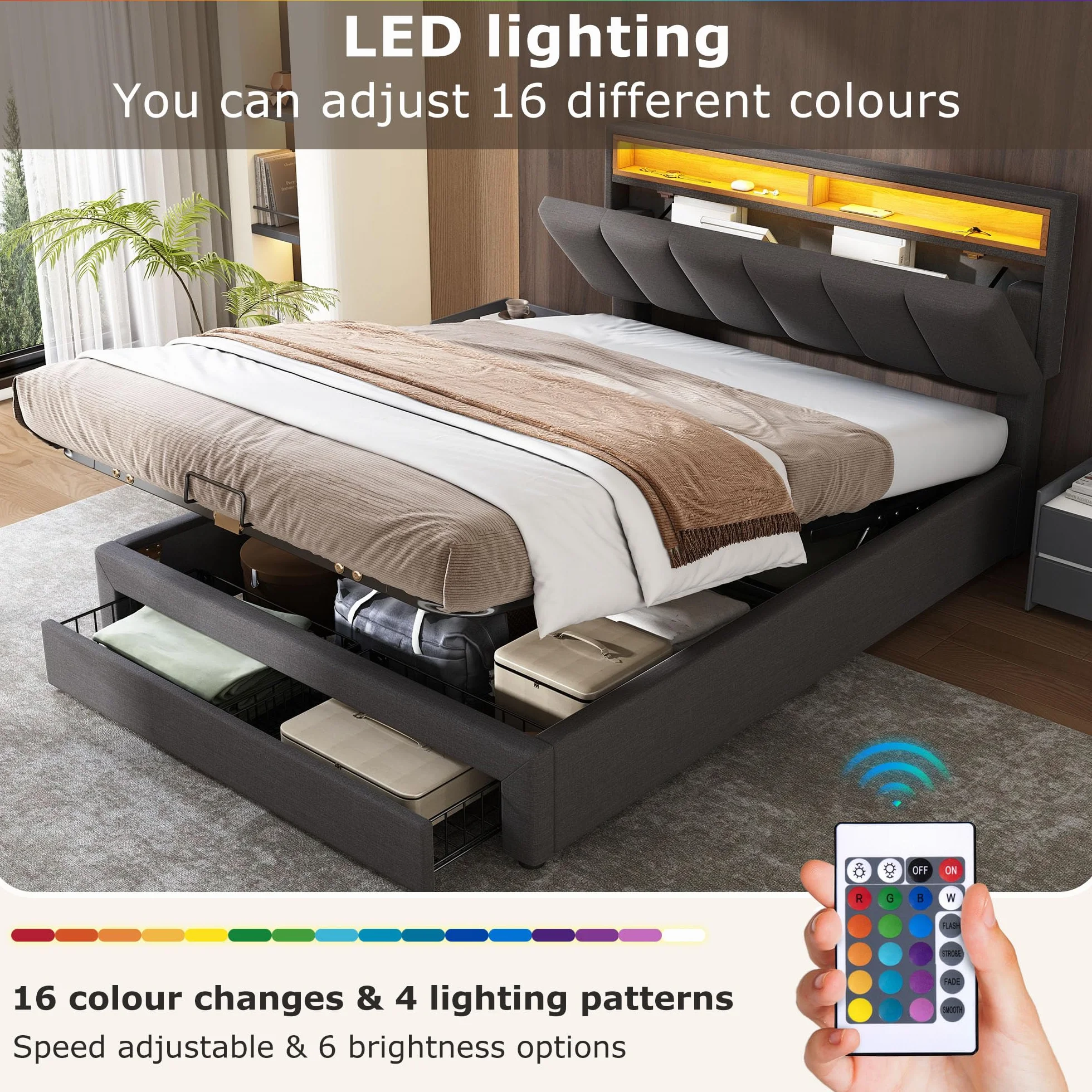 Cama Tapizada de 140x190 cm con LED y 2 Cajones, Estructura de Cama Doble con Soporte de Láminas y Almacenamiento Hidráulica, Cabecero con Almacenaje, Lino, Gris, Sin Colchon