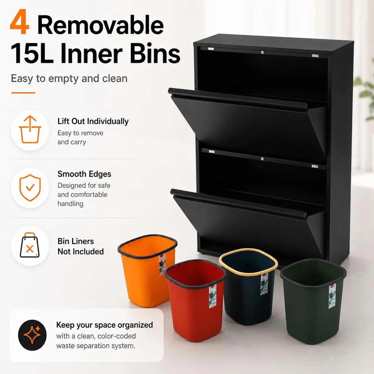Sistema de separación de basura, 4 recipientes de 15 l, cubo de basura de cocina con armario (negro) | 56 x 24,5 x 91 cm, acero laminado en frío, 4 recipientes de 15 l, montaje en pared, para cocina, oficina, comercio