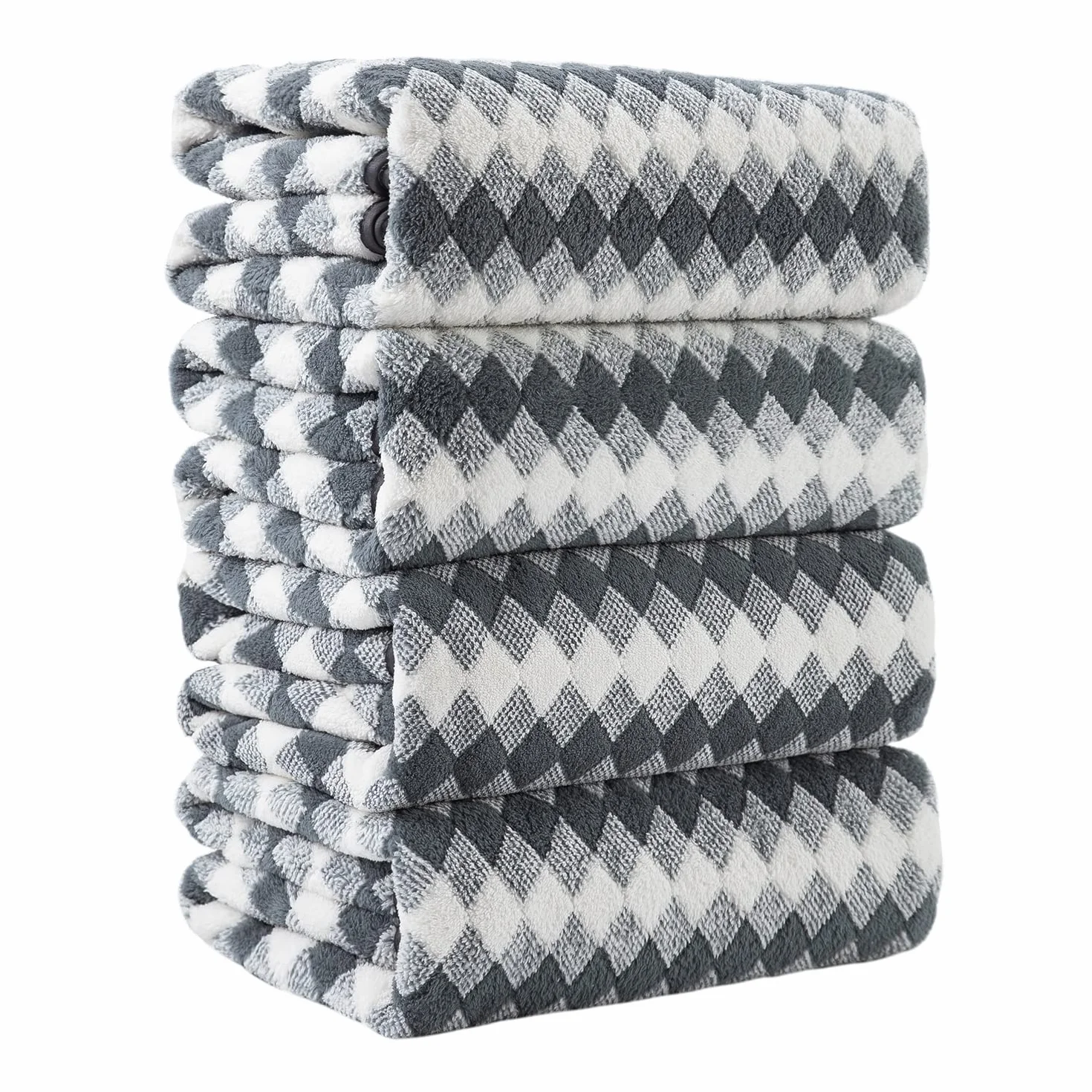 Juego de 4 toallas de baño grises de 35 x 70 pulgadas, 600 g/m², toalla de baño gruesa de microfibra con patrón de diamante, toallas de baño súper suaves y absorbentes, para adultos, baño, spa, hotel