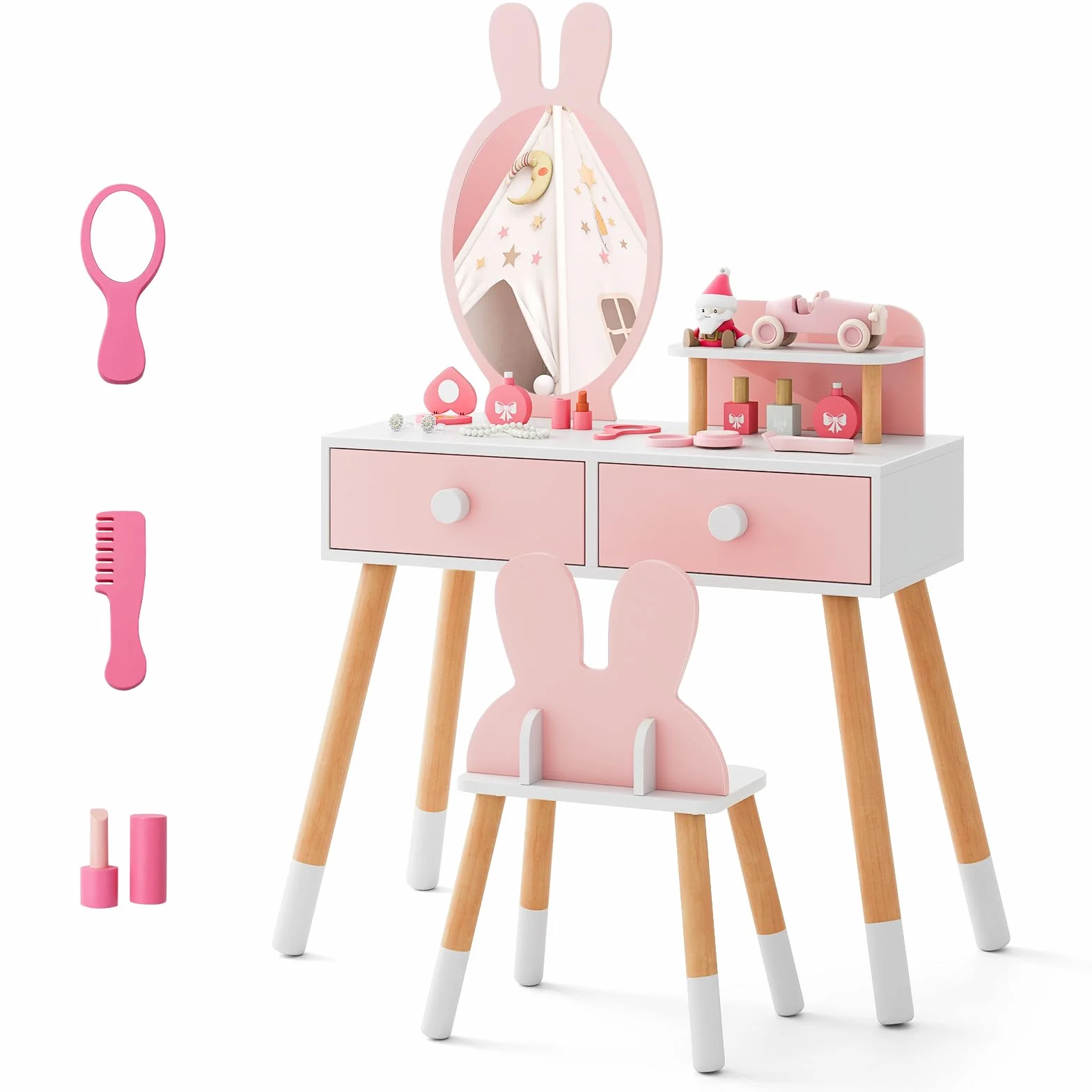 COSTWAY Tocador de Maquillaje Princesa Niña, Juego Mesa y Silla, Escritorio Espejo 2 en 1, 2 Cajones Estante, Patas Madera Maciza Rosa