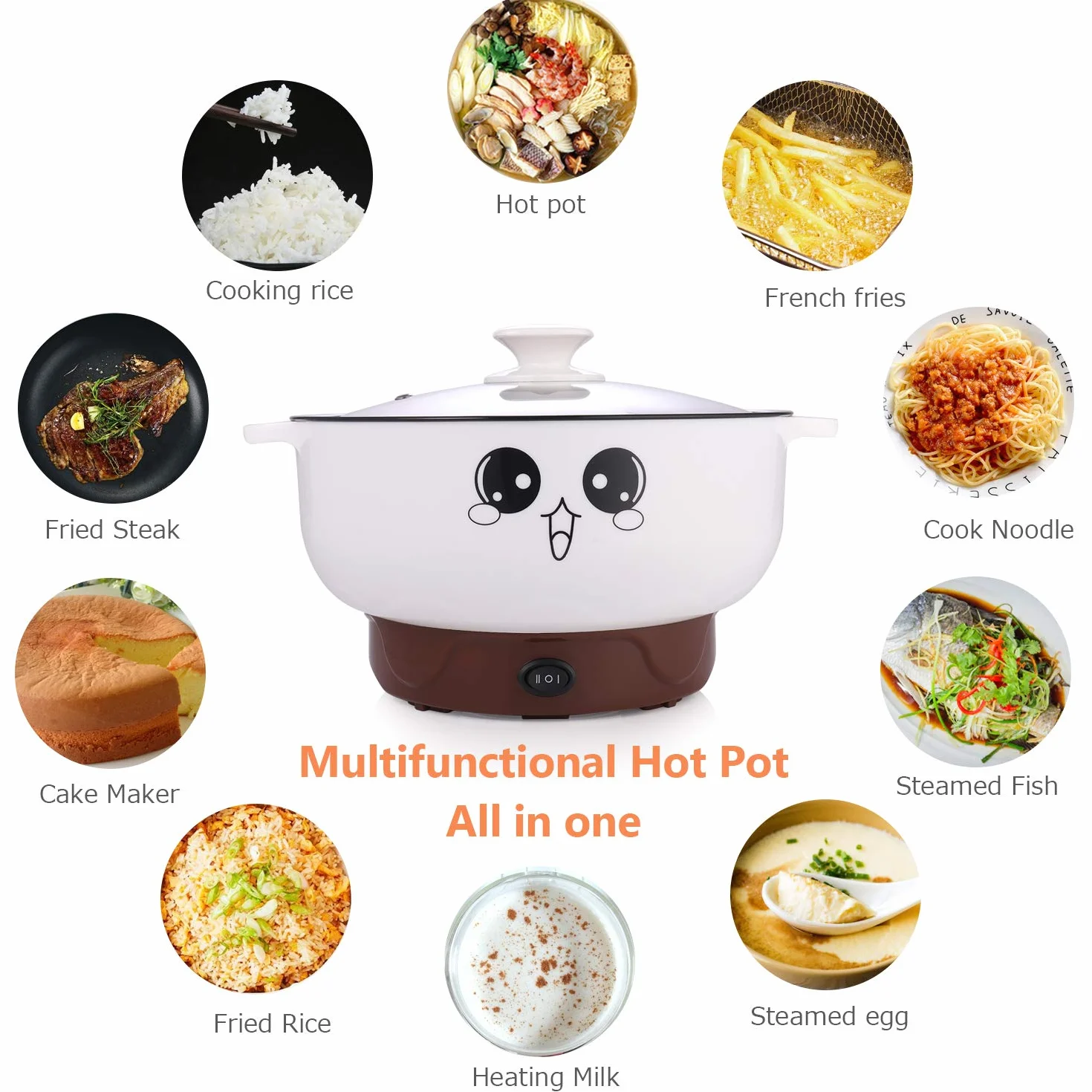 Sartén eléctrica antiadherente para olla caliente, sartén eléctrica de acero inoxidable de 2,3 l, sartén redonda multicocina con tapa para saltear/estofado/vapor, perfecta para pasta/fideos/huevo/sopa