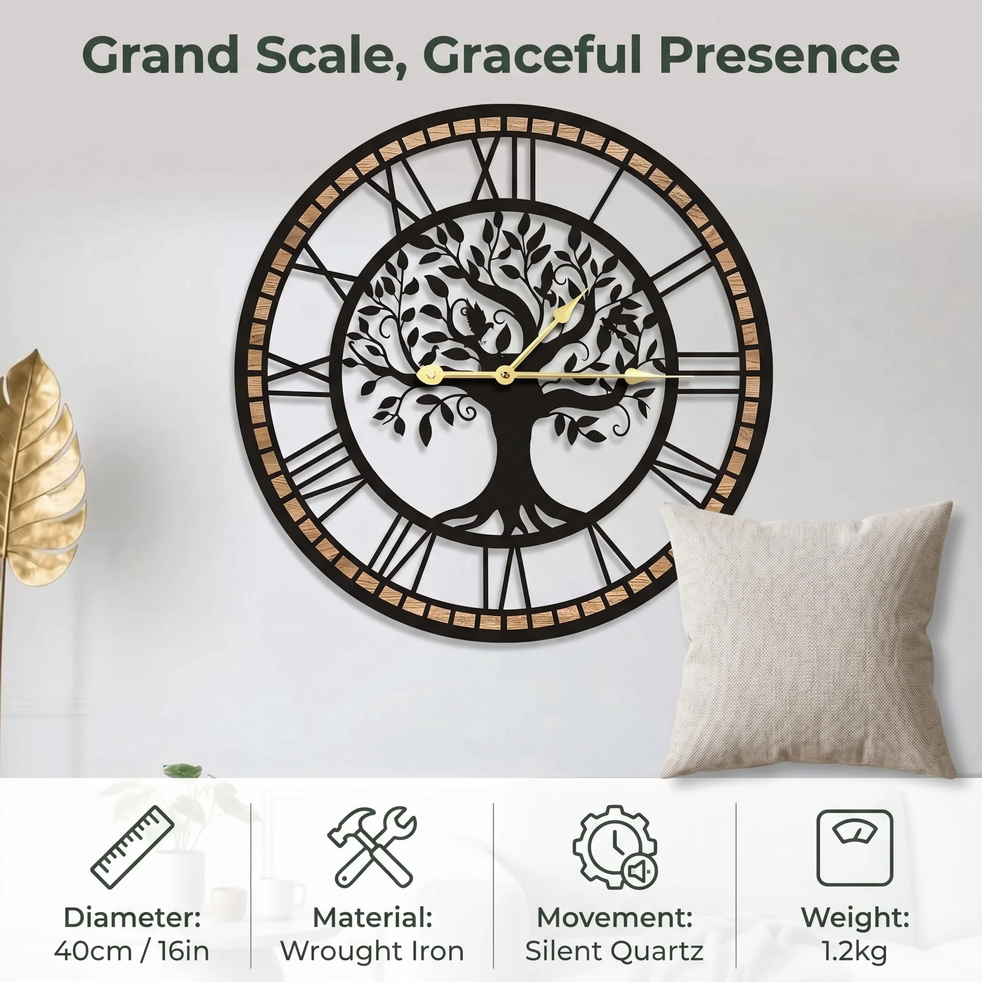 Reloj de Pared Grande con diseño de árbol de la Vida, Negro y Madera, números Romanos, Redondo, 40 cm, para Sala de Estar