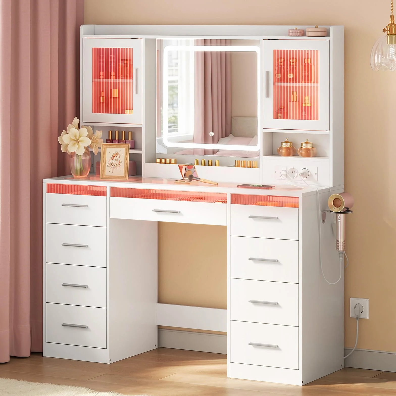 WOLTU Tocador con Espejo y Luz, Mesa Maquillaje con Luz RGB en 3 Colores, Encimera y Puertas de Vidrio Templado, Tocador con 9 Cajones y Enchufes, Ideal para Vestidor y Dormitorio, Blanco
