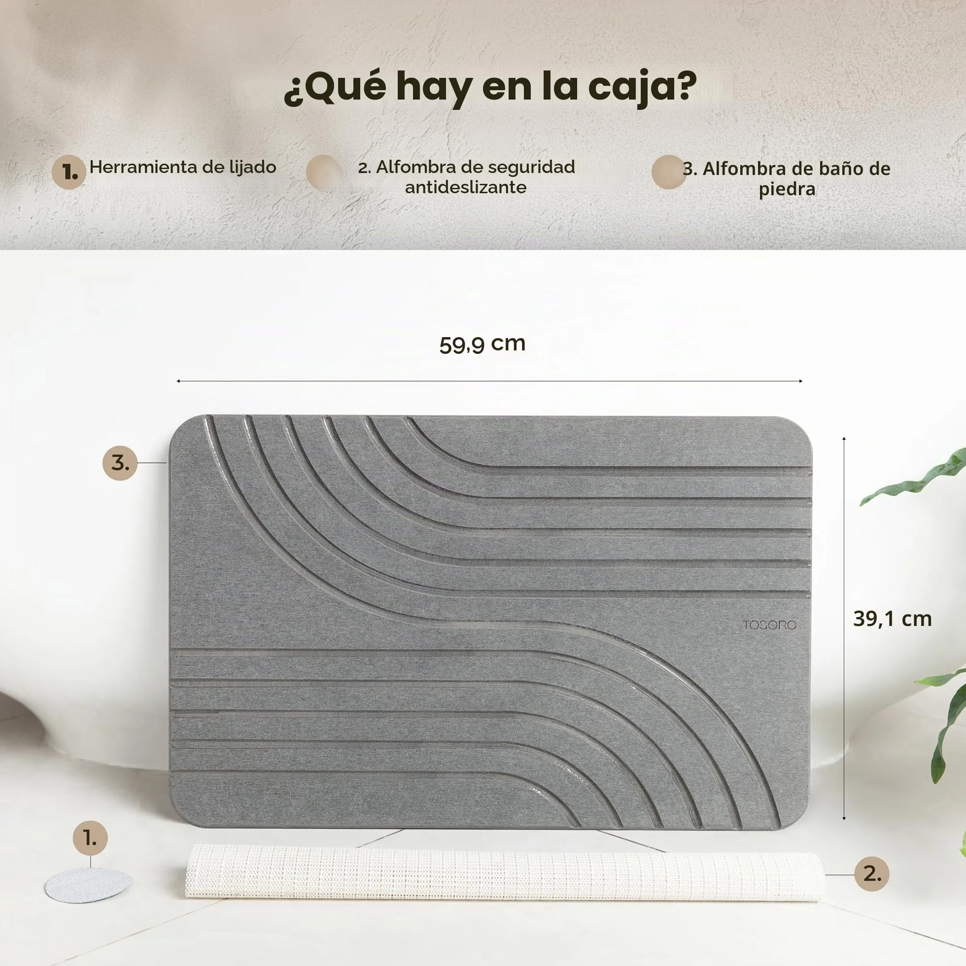 TOSORO Alfombrilla de baño de Piedra, Alfombra Antideslizante de Tierra de diatomeas para Ducha, Secado rápido y Absorbente, diseño Elegante y Moderno, fácil de Limpiar, 60 x 38 cm, Color Grafito
