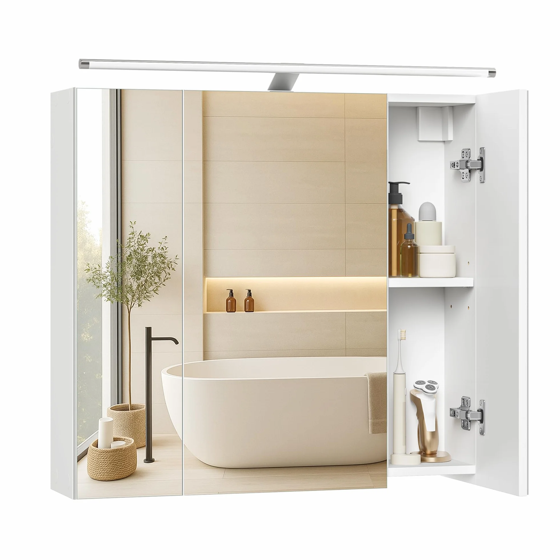 VASAGLE Kailyn Colección - Armario de Baño de Pared con 3 Puertas con Espejo e Iluminación, Estantes Ajustables, Estilo Moderno, 15 x 60 x 55 cm, Blanco Nube BBK138WB01