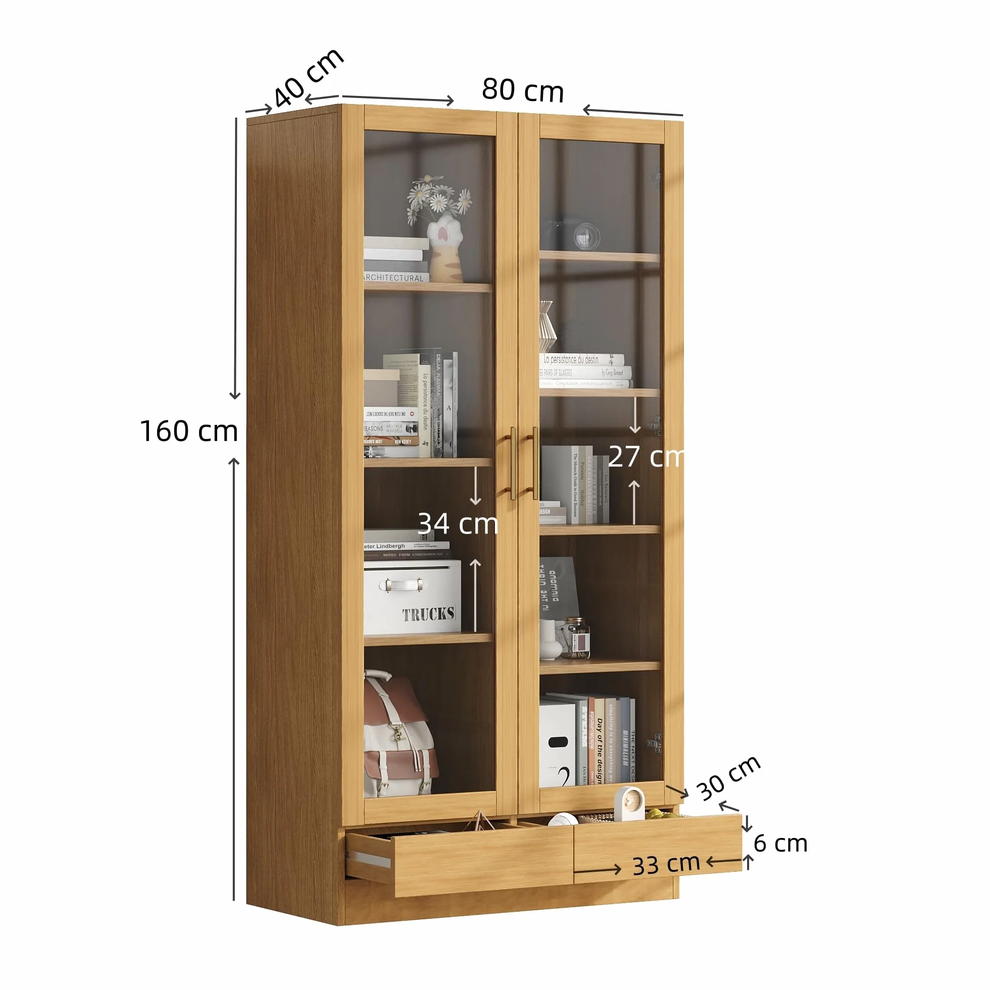 Moimhear Vitrina de cristal, estantería, estantería de almacenamiento, estantes escalonados, estantes no ajustables, cajones push to abiertos sin asas (80 x 40 x 160 cm, color madera)