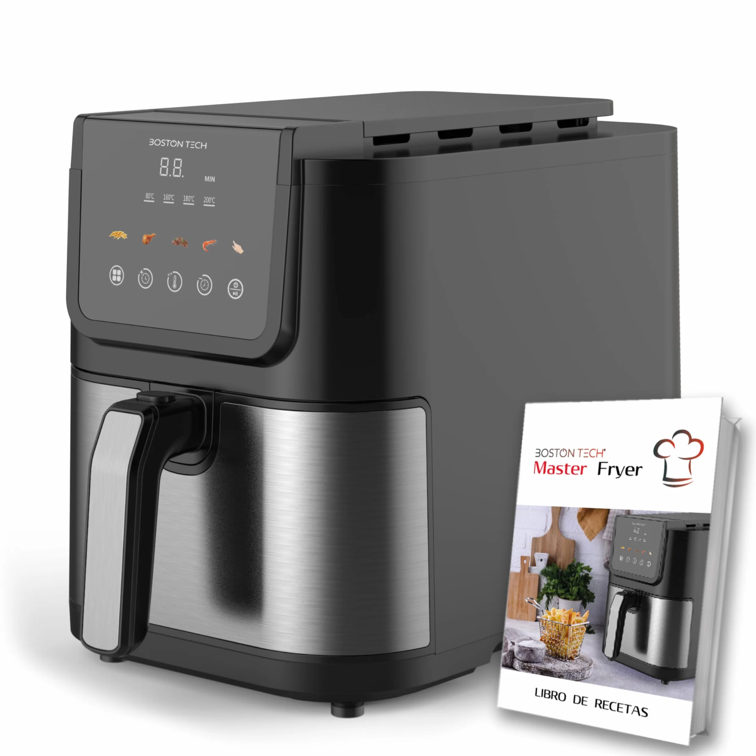 Boston Tech Freidora de Aire Master Fryer 5L, 1500W, 5 Programas, Pantalla LED, Control Táctil, Temperatura Ajustable, Cesta Antiadherente, Temporizador, Incluye Recetario, Acero Inoxidable