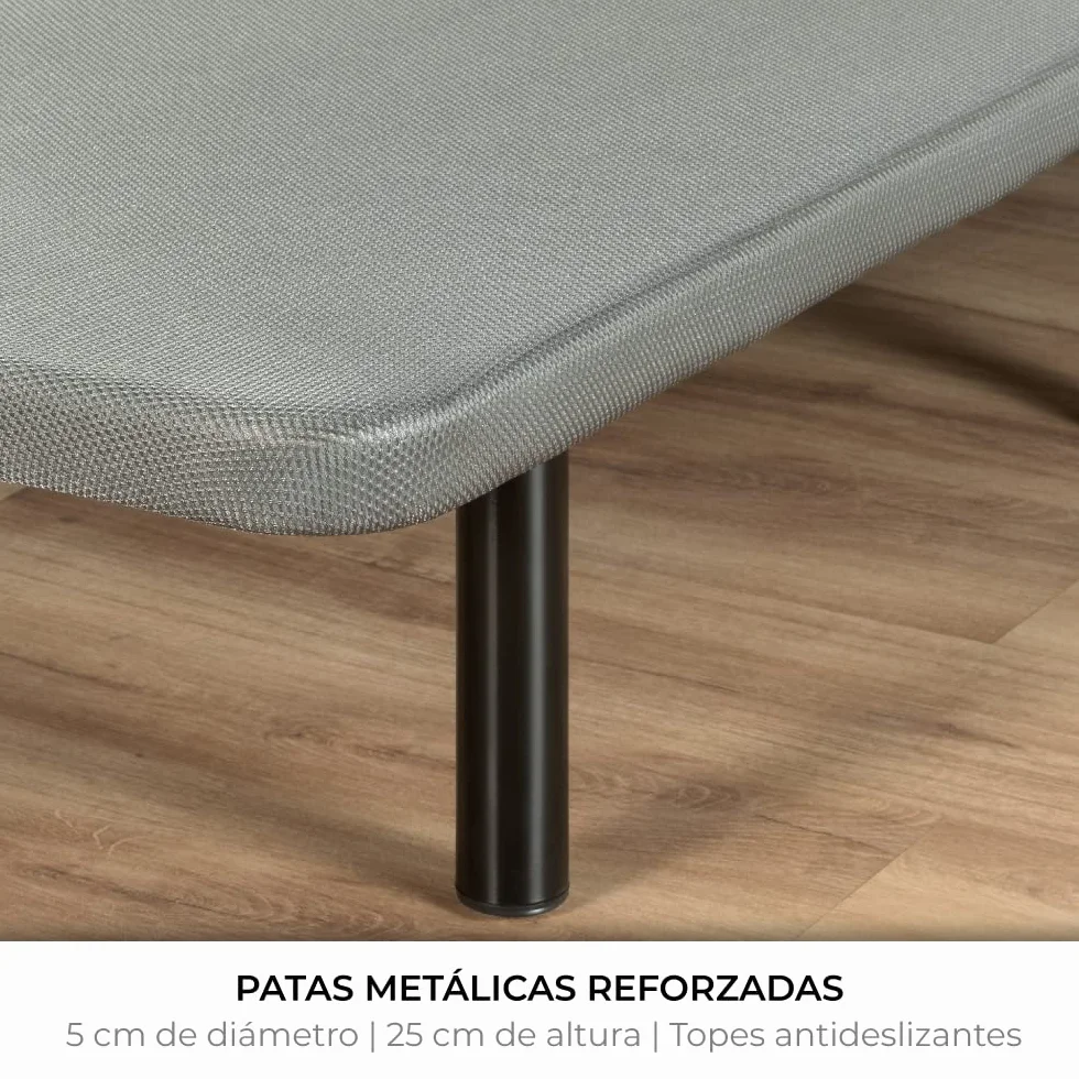 NALUI - Base Tapizada 135x190 cm de Acero con 7 patas de Altura 25cm, Gran Estabilidad con 5 Barras Transversales, Tejido 3D Transpirable y 4 Válvulas de Aireación | Fabricado en España | Gris