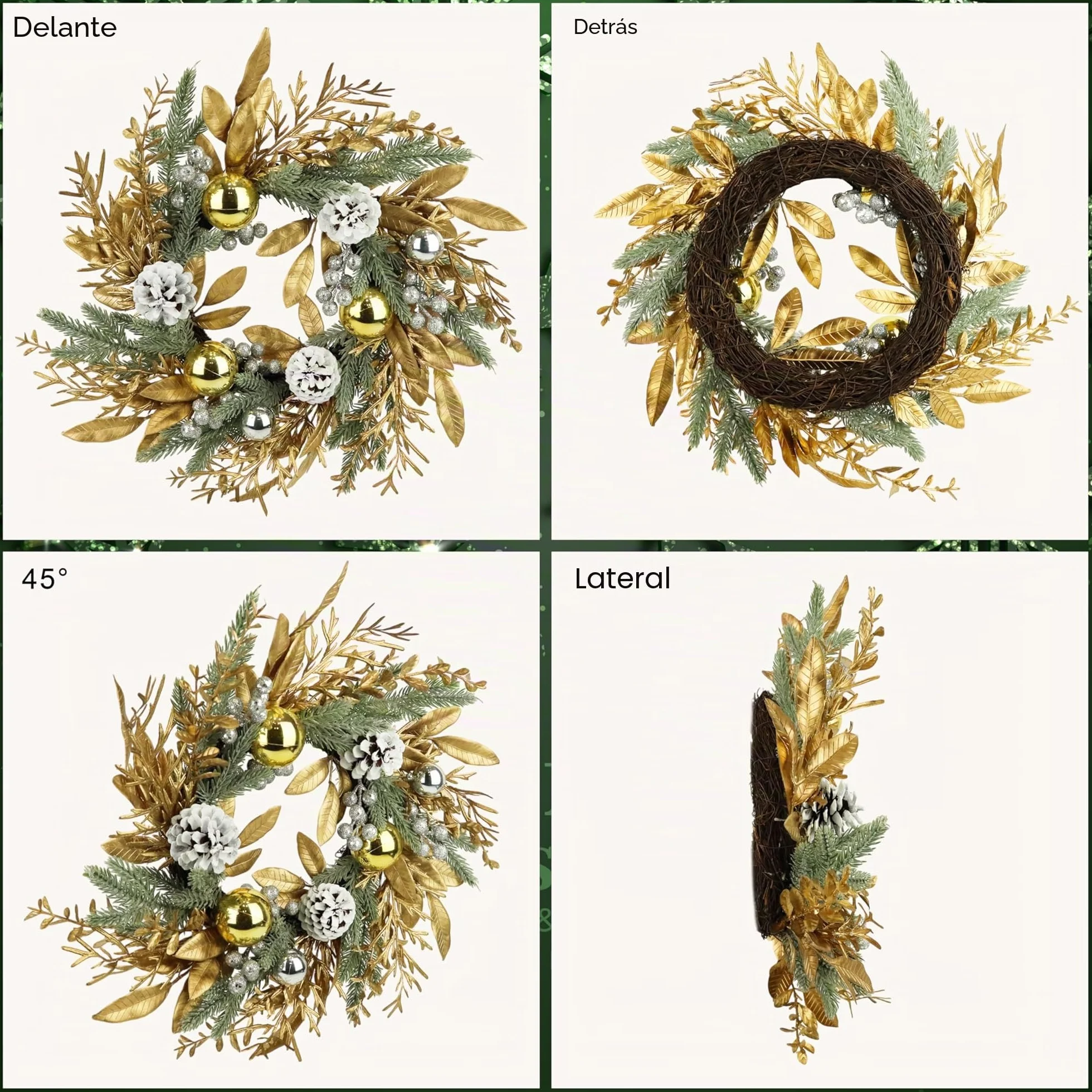 Zavothy Corona de Navidad de 50 cm, Corona de Puerta Artificial de Navidad con Piñas y Bolas de Navidad, Corona de Adviento, Decoración de Navidad, Dorado
