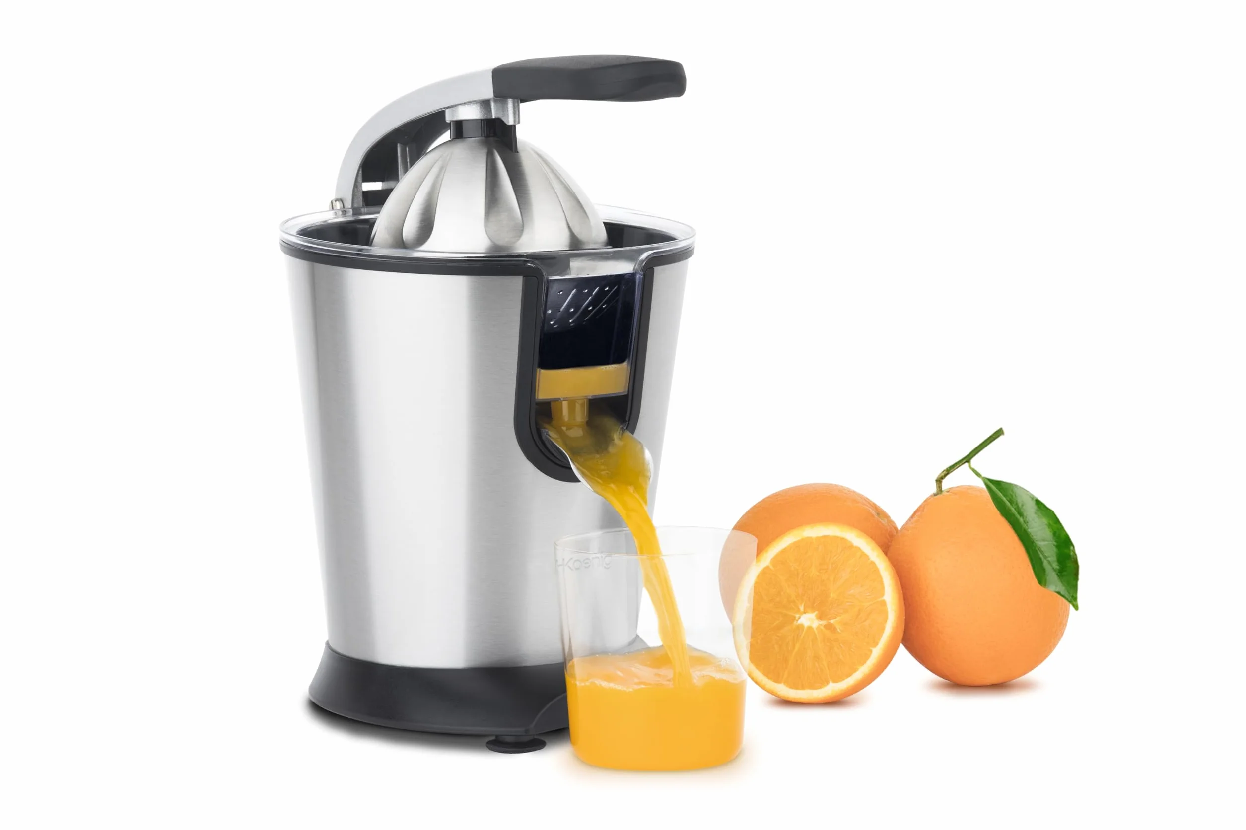 H.Koenig AGR80 - Exprimidor eléctrico de naranjas profesional de 160 W, palanca y filtro de acero inoxidable, sistema antigoteo, sin BPA, piezas aptas para lavavajillas
