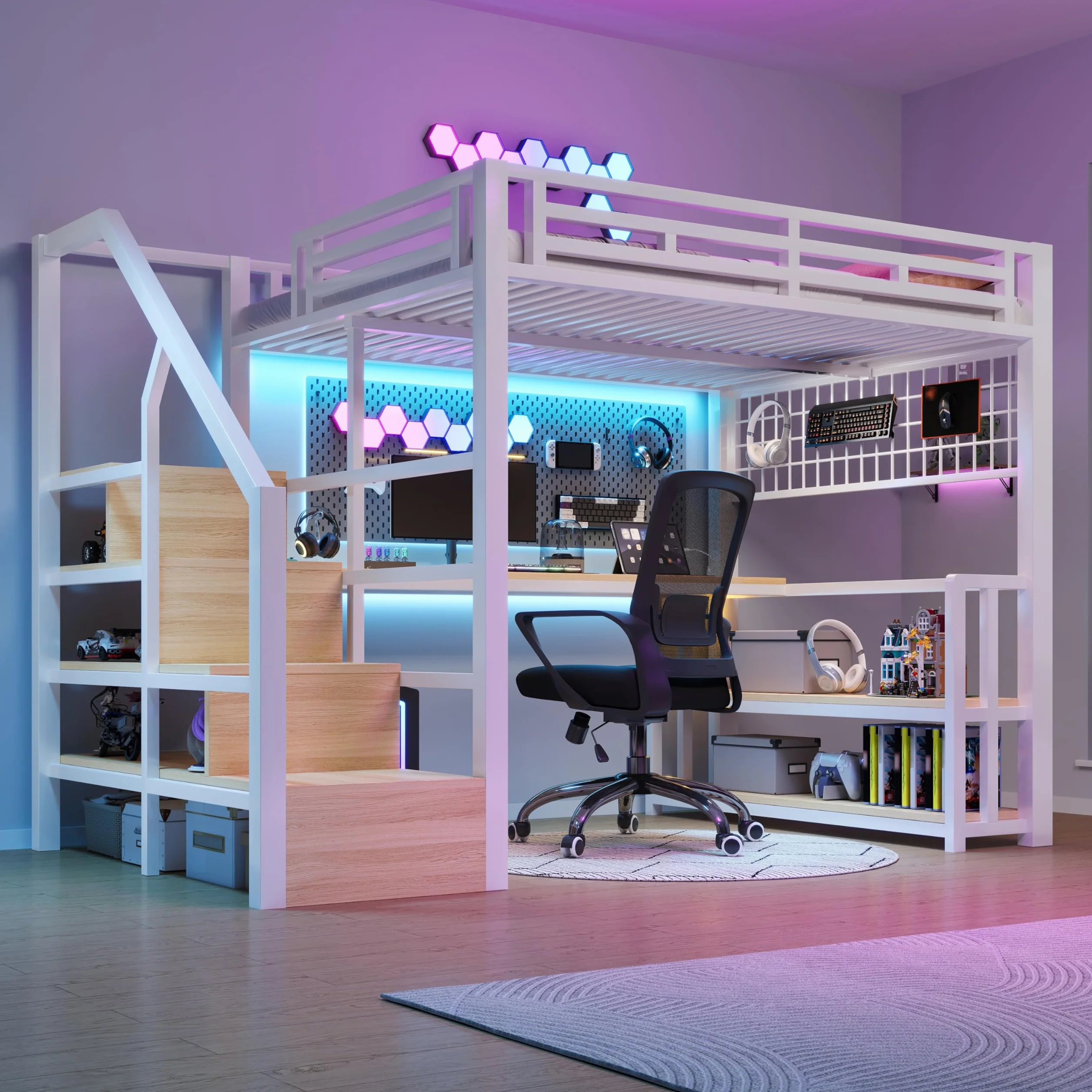 Cama alta de 140 x 200 cm, marco de hierro, estante de almacenamiento, rejilla colgante, barra de luz LED, escritorio, construcción de escaleras con espacio de almacenamiento, con 2 puertos USB y 1