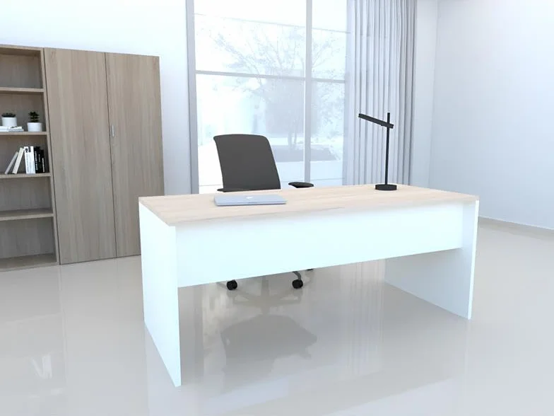 OFICIT Escritorio Mesa de Oficina en Color Blanco con Tablero Acacia, 180x80cm. FABRICACIÓN Nacional.