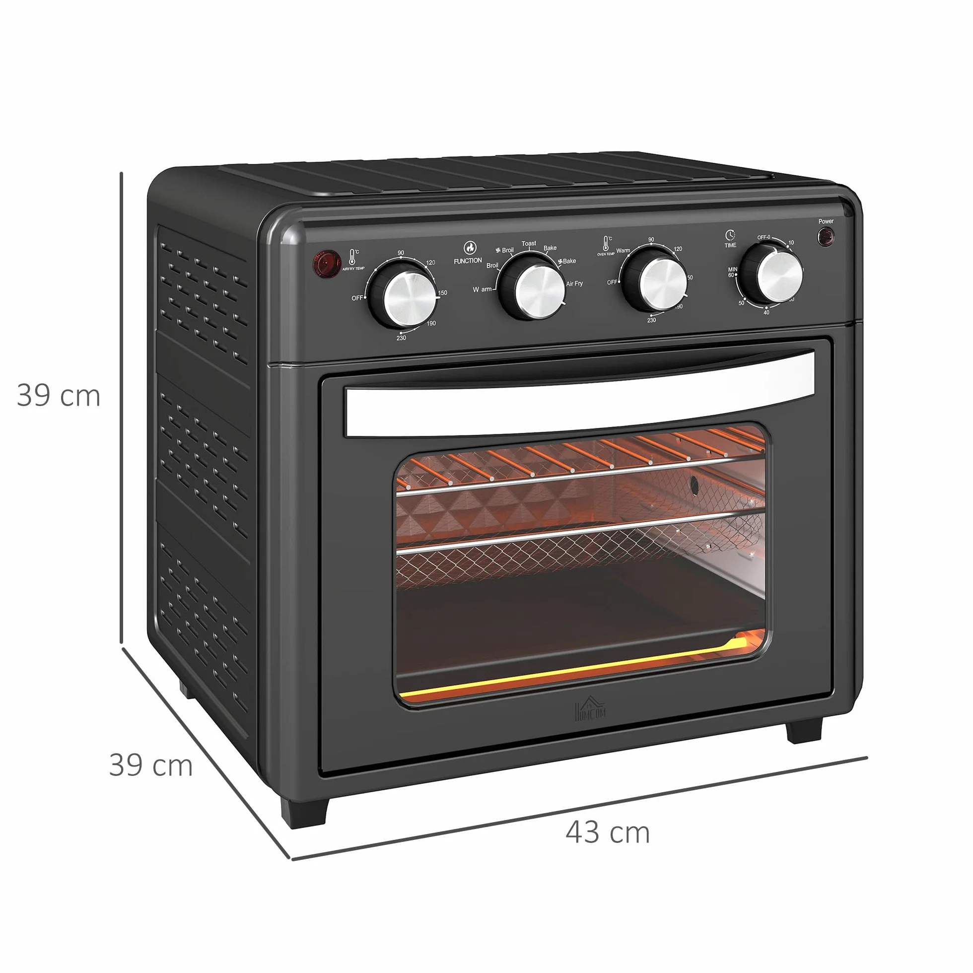 HOMCOM Horno Eléctrico Multifunción de Sobremesa Mini Horno Tostador de 30L 1600W Freidora de Aire con 7 Modos de Calor Temporizador y Temperatura Regulable 43x39x39 cm Negro